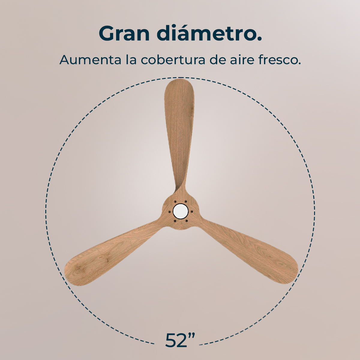 Ventilatore da soffitto color legno con tre pale e diametro di 52 pollici.