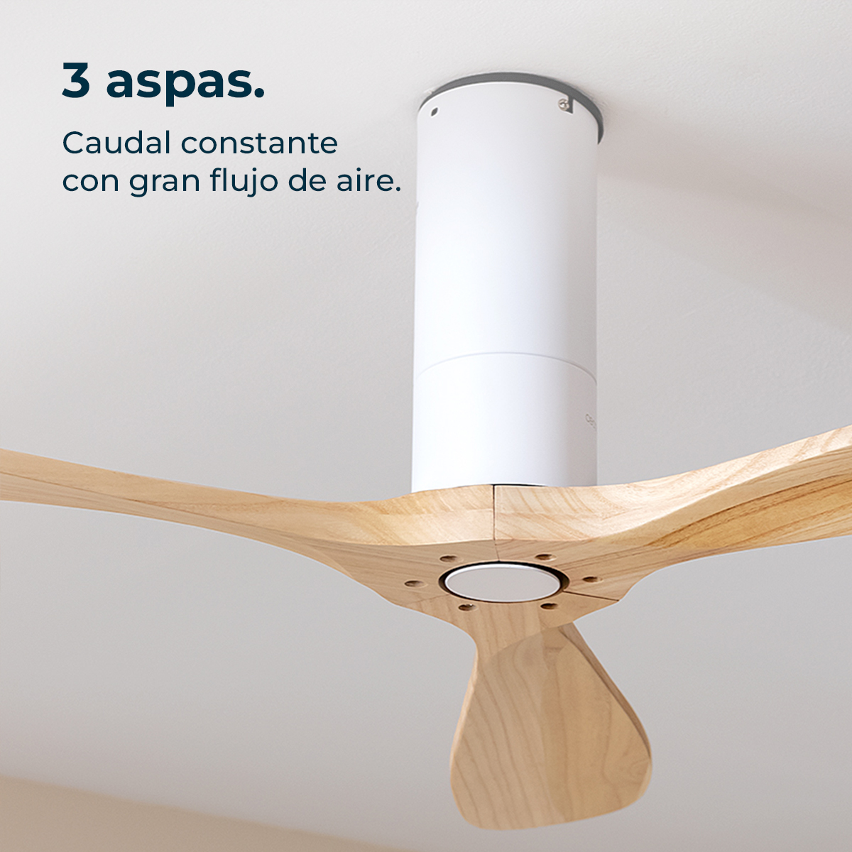 Ventilatore da soffitto con corpo bianco e tre pale in legno.