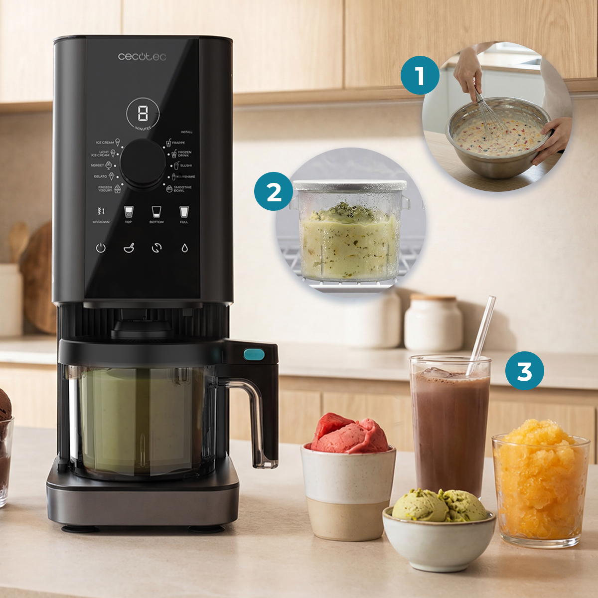 Gelatiera Cecotec nera con pulsanti e display su un bancone della cucina con dolci e due riquadri.