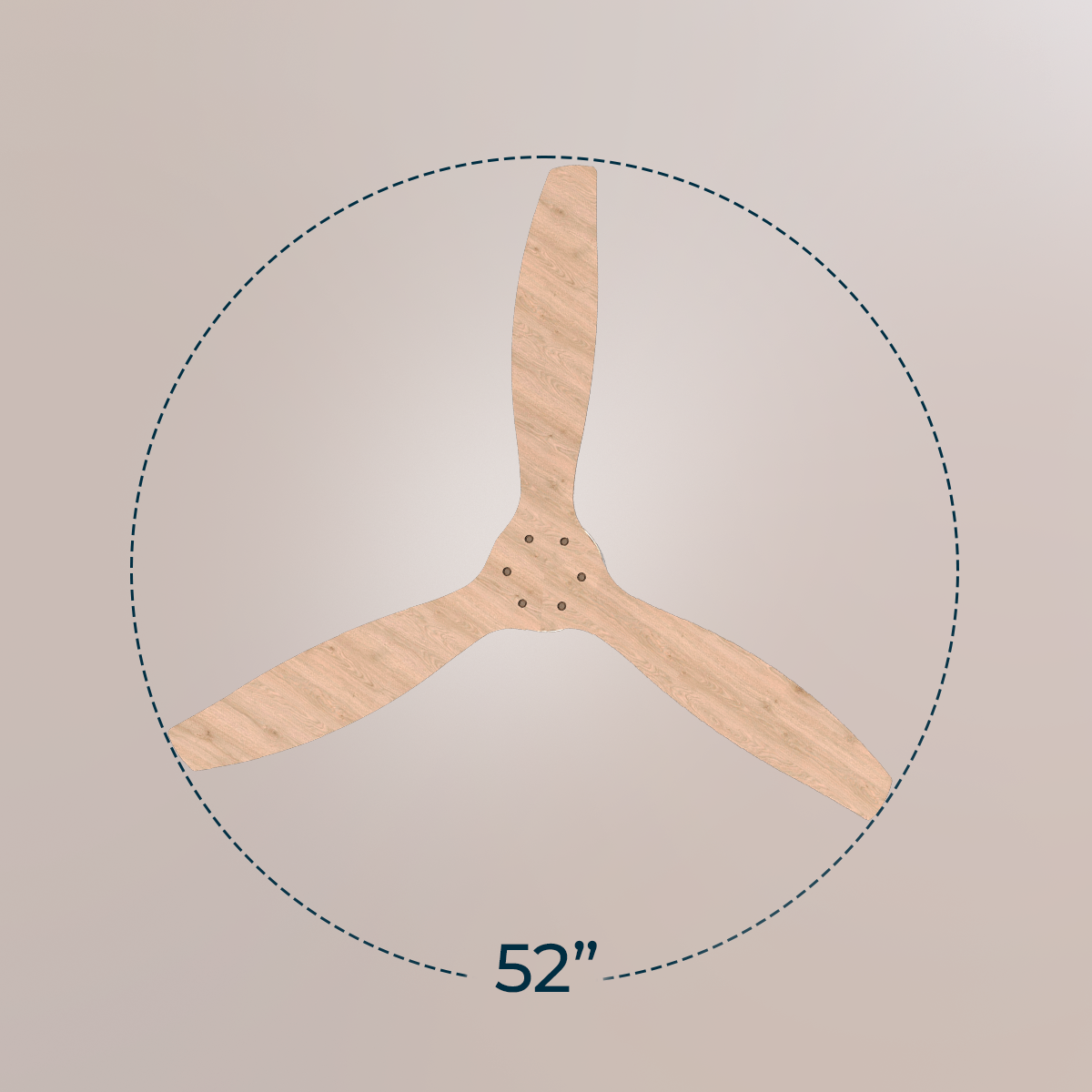 Ein 52-Zoll Deckenventilator mit drei Holzflügeln von unten in einem gestrichelten Kreis.
