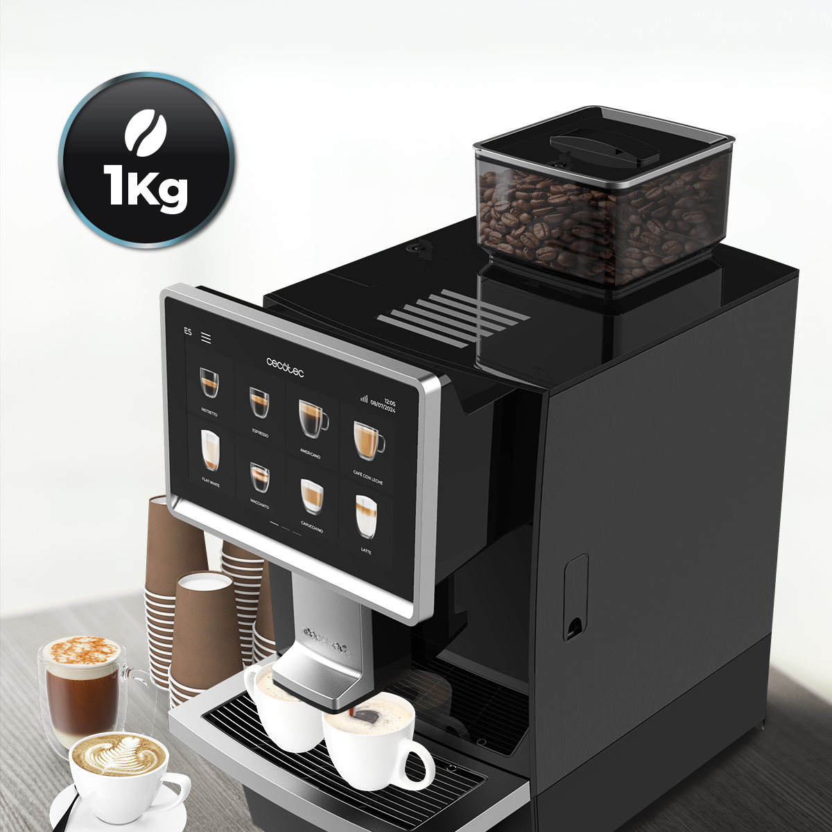 Una cafetera automática negra con pantalla táctil, tolva de granos y dos tazas de café sirviéndose.