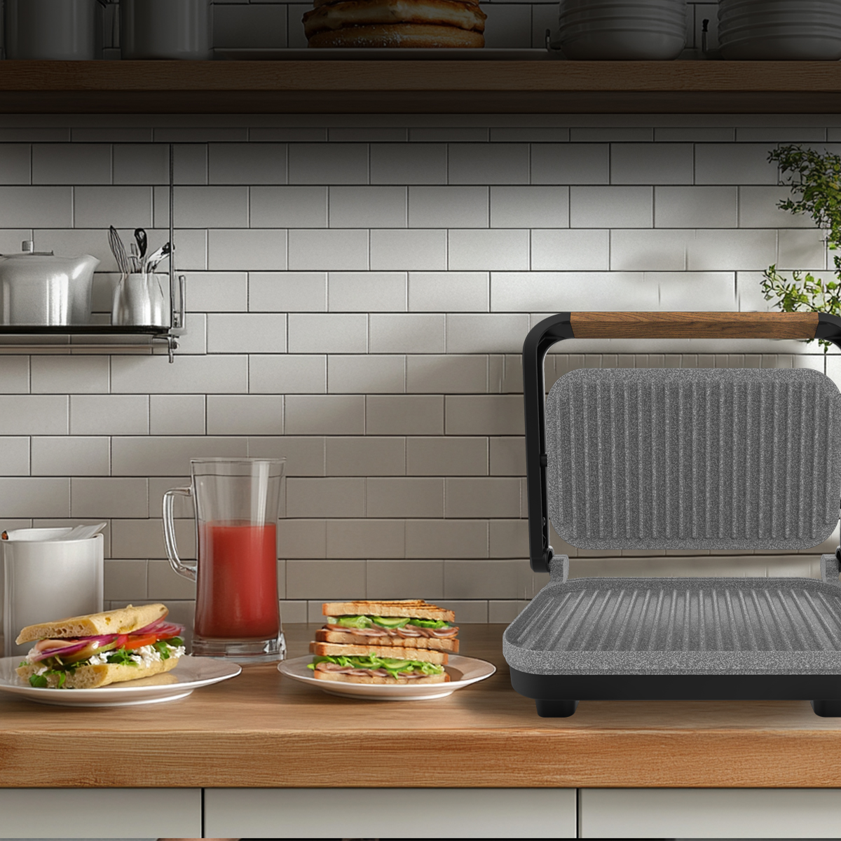 Una sandwichera abierta sobre una encimera de madera junto a sándwiches y una jarra de jugo contra azulejos blancos.