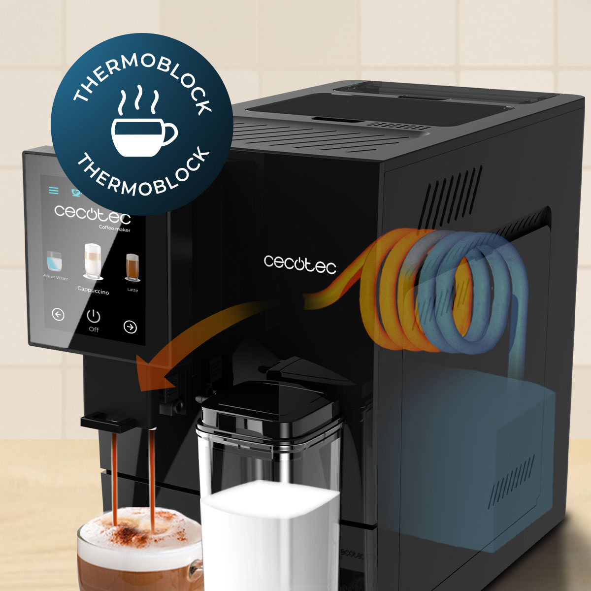 Macchina da caffè nera Cecotec con touchscreen, contenitore del latte e grafico termoblocco colorato a lato.