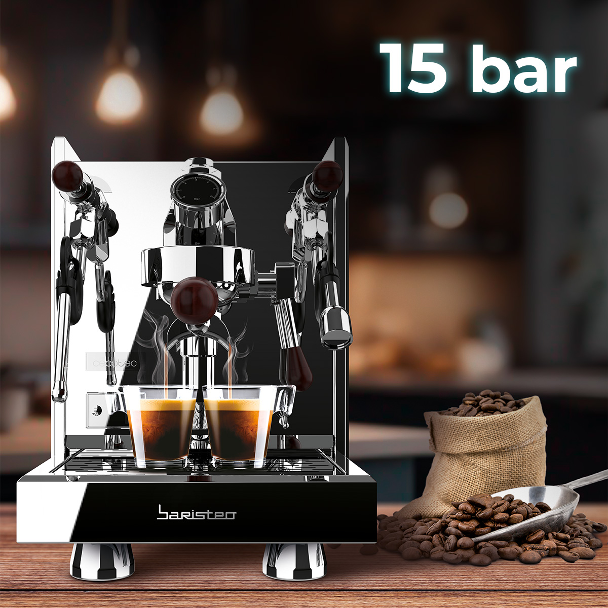 Una lucida macchina per espresso eroga due caffè, accanto a un sacco di chicchi di caffè e un cucchiaio su un tavolo.