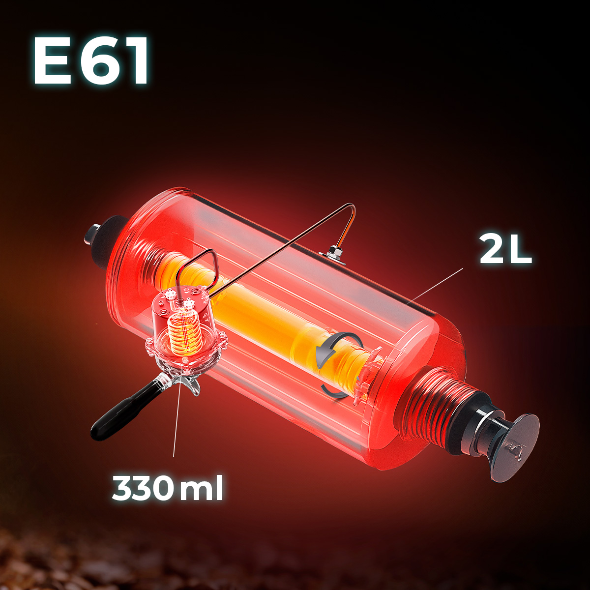 Diagramma 3D di una caldaia per macchina da caffè E61 con capacità 2L e gruppo da 330ml.