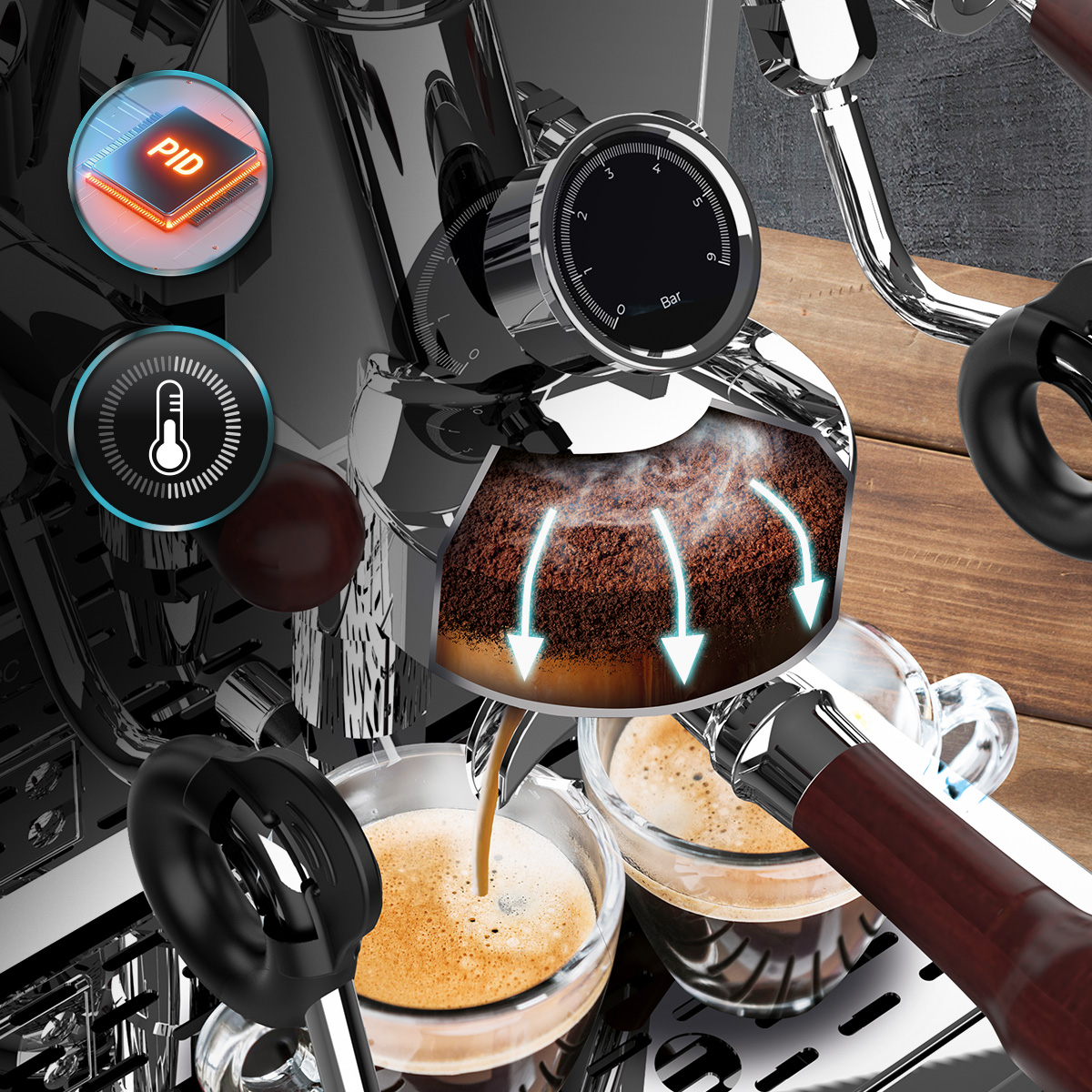 Una sezione trasversale di una macchina per caffè mostra l'acqua che scorre nel caffè.