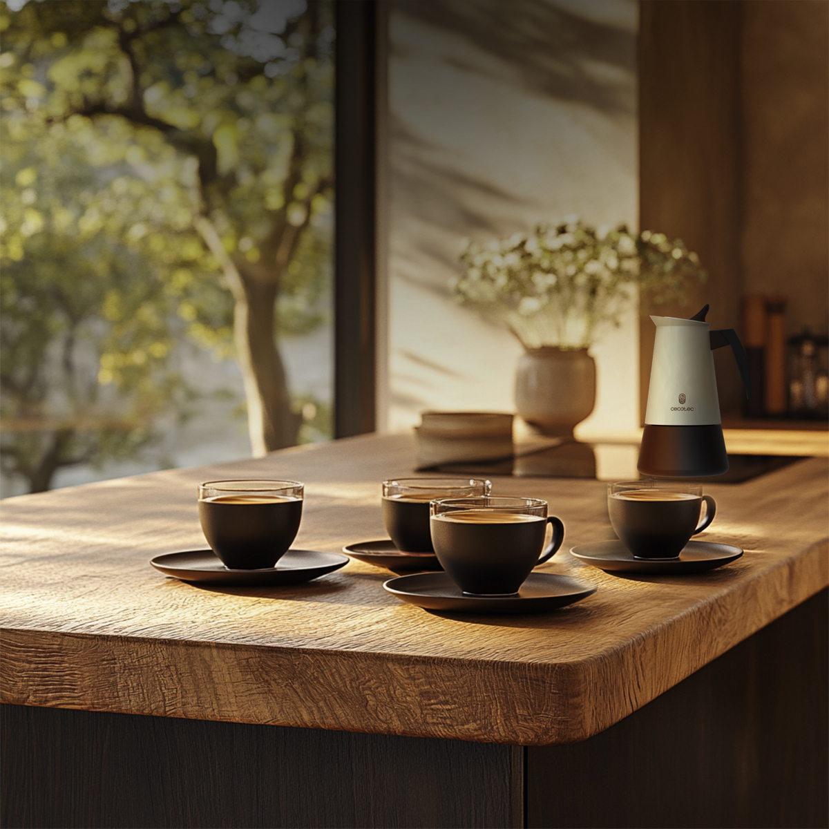 Cuatro tazas de café negras con platillos y una cafetera italiana en una encimera de madera con vista.