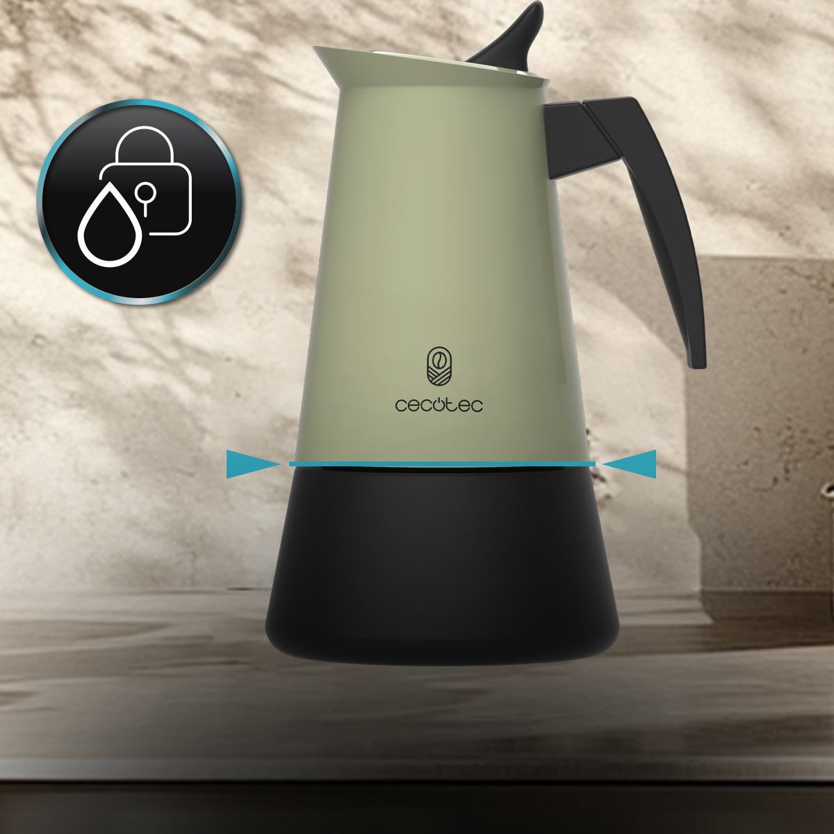 Caffettiera moka verde chiaro e nera con icona di lucchetto e goccia d'acqua su sfondo con texture di marmo.