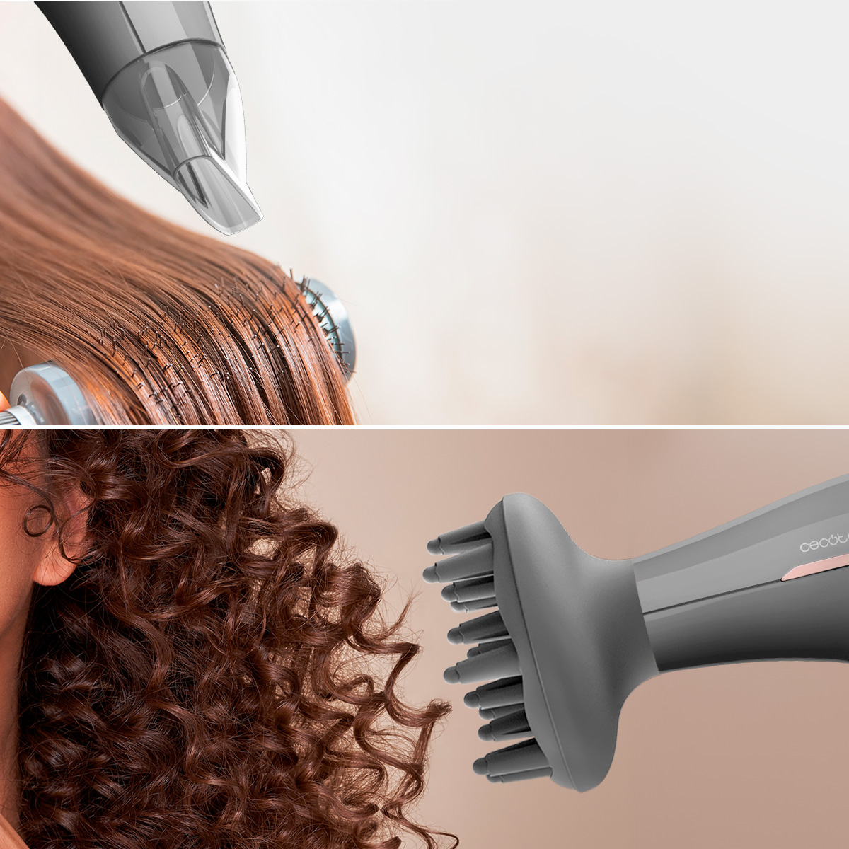 Una imagen dividida muestra un secador moldeando cabello liso con boquilla y cabello rizado con difusor.