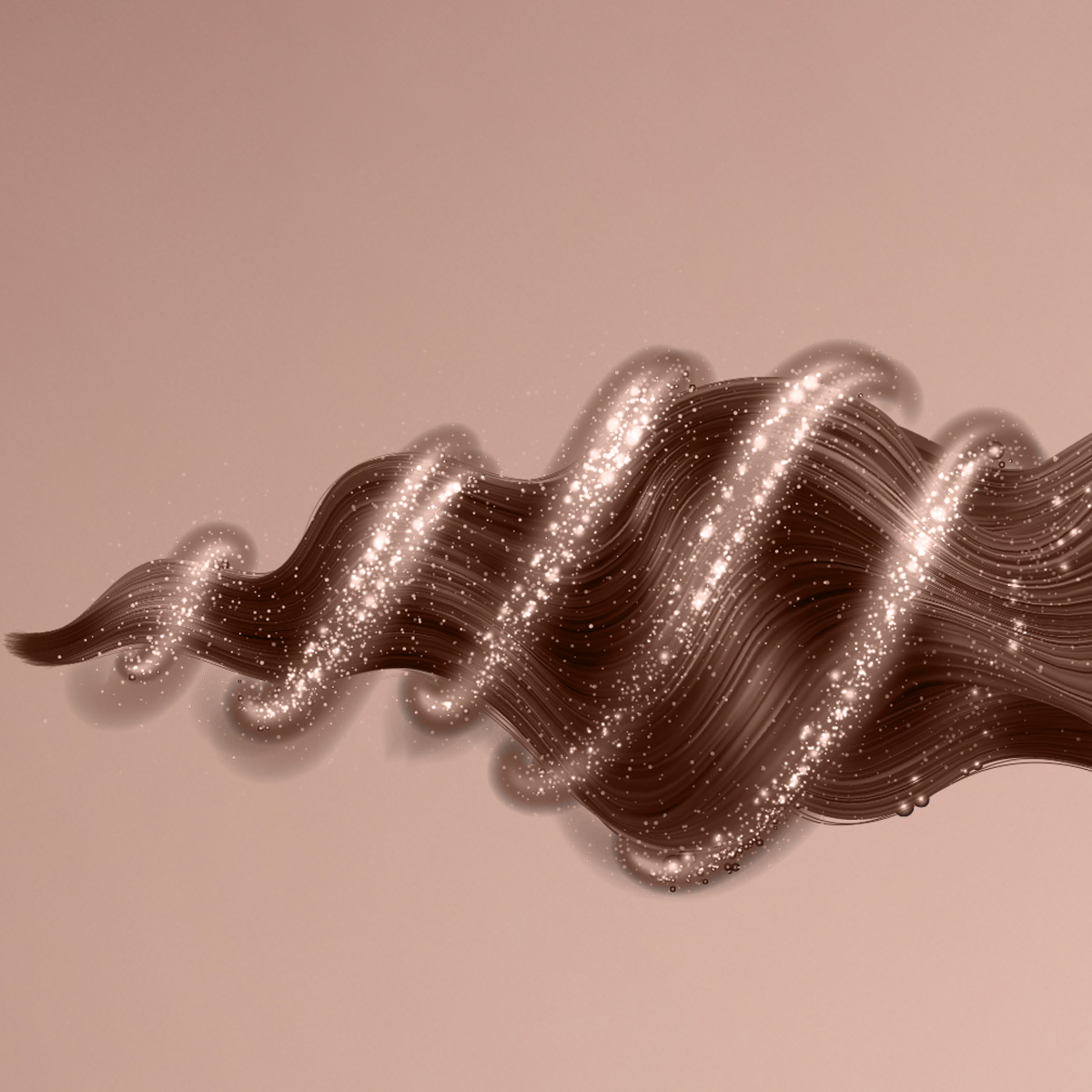 Hebras de cabello castaño ondulado envueltas en brillo brillante sobre un fondo beige.