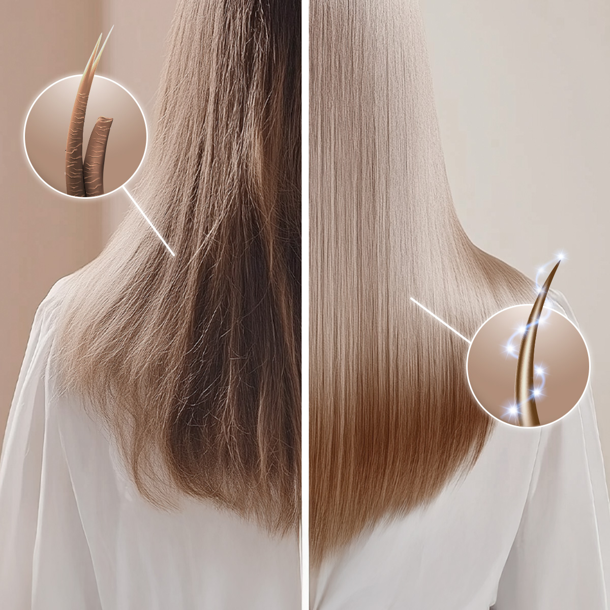 Comparación de cabello dañado a la izquierda y cabello sano a la derecha con zoom en la estructura capilar.