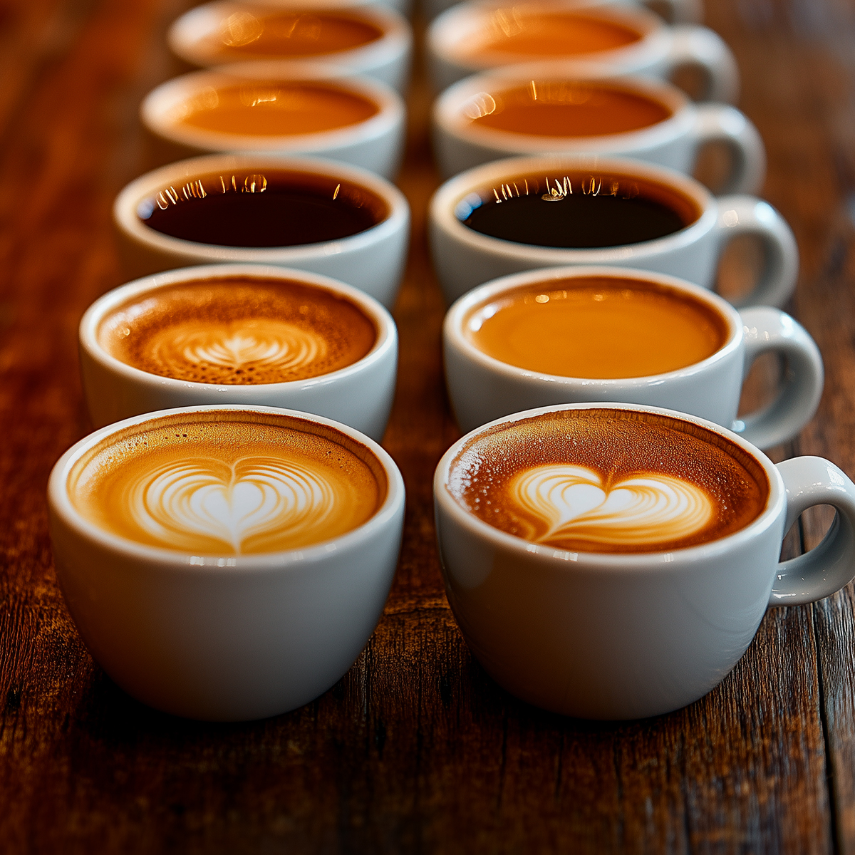 File di tazze di ceramica bianca con caffè e latte art su un tavolo di legno.