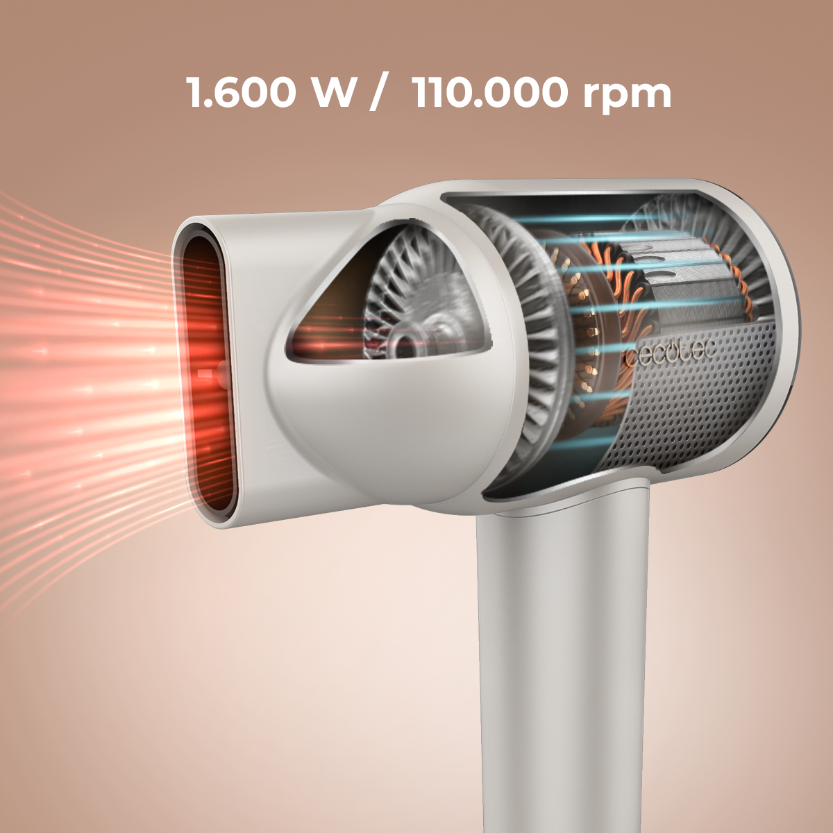Vista en corte de un secador plateado mostrando su motor y ventilador, con texto 1.600 W / 110.000 rpm arriba.