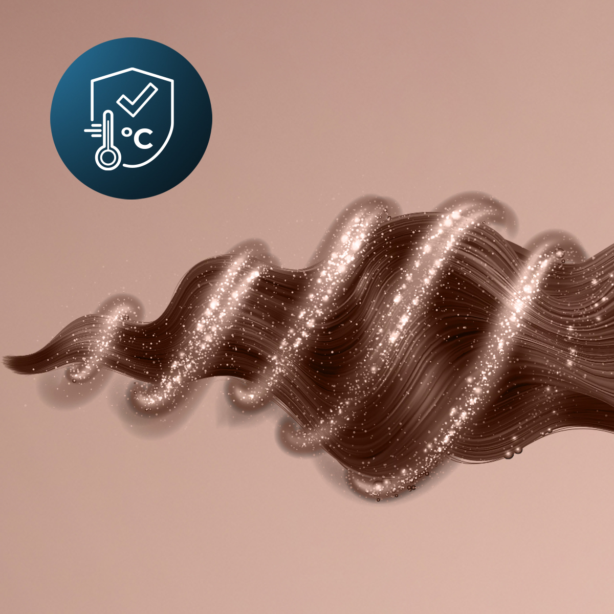 Onda de cabello castaño brillante con reflejos y un icono de protección térmica.
