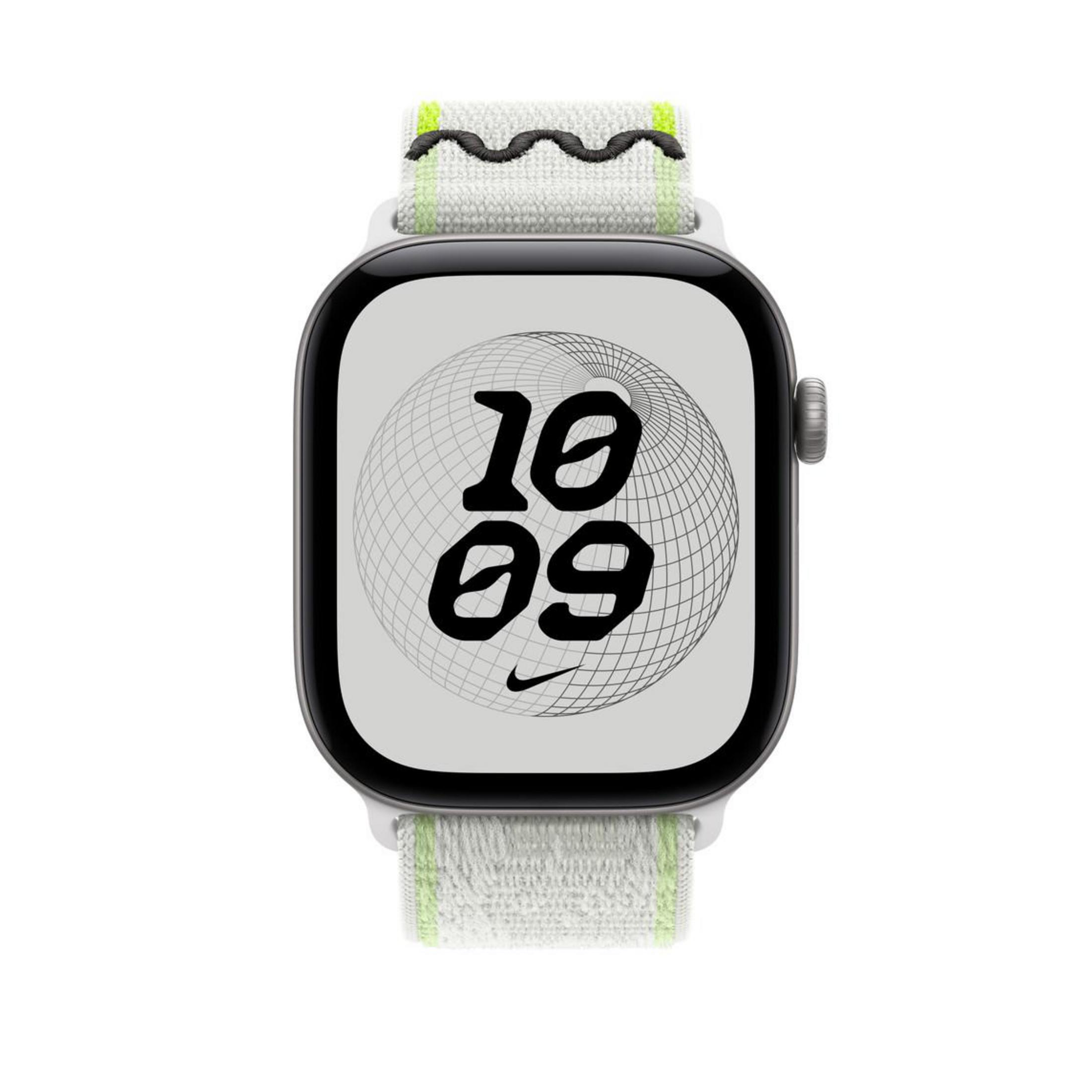 Eine Smartwatch mit weißem Textilarmband zeigt auf dem Display das Datum 10.09. und eine kugelförmige Grafik.