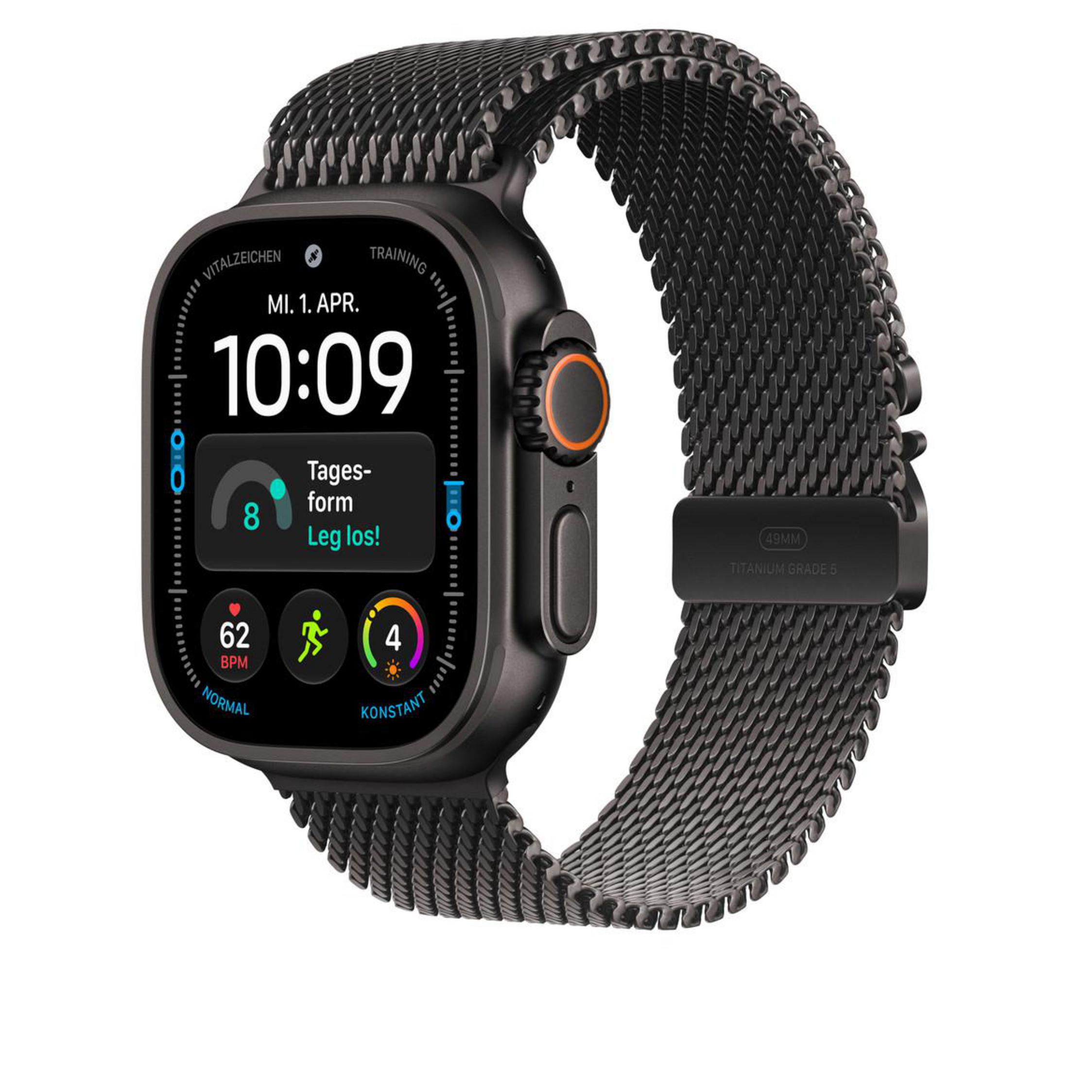 Schwarze Smartwatch mit einem Metall-Milanaise-Armband und digitalem Zifferblatt.