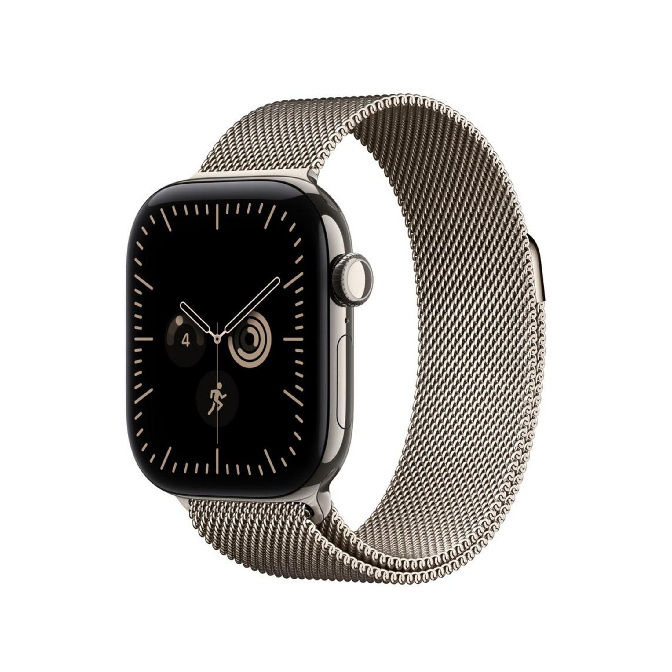 Eine edle Smartwatch mit schwarzem Zifferblatt und einem goldenen Milanaise-Armband auf weißem Hintergrund.