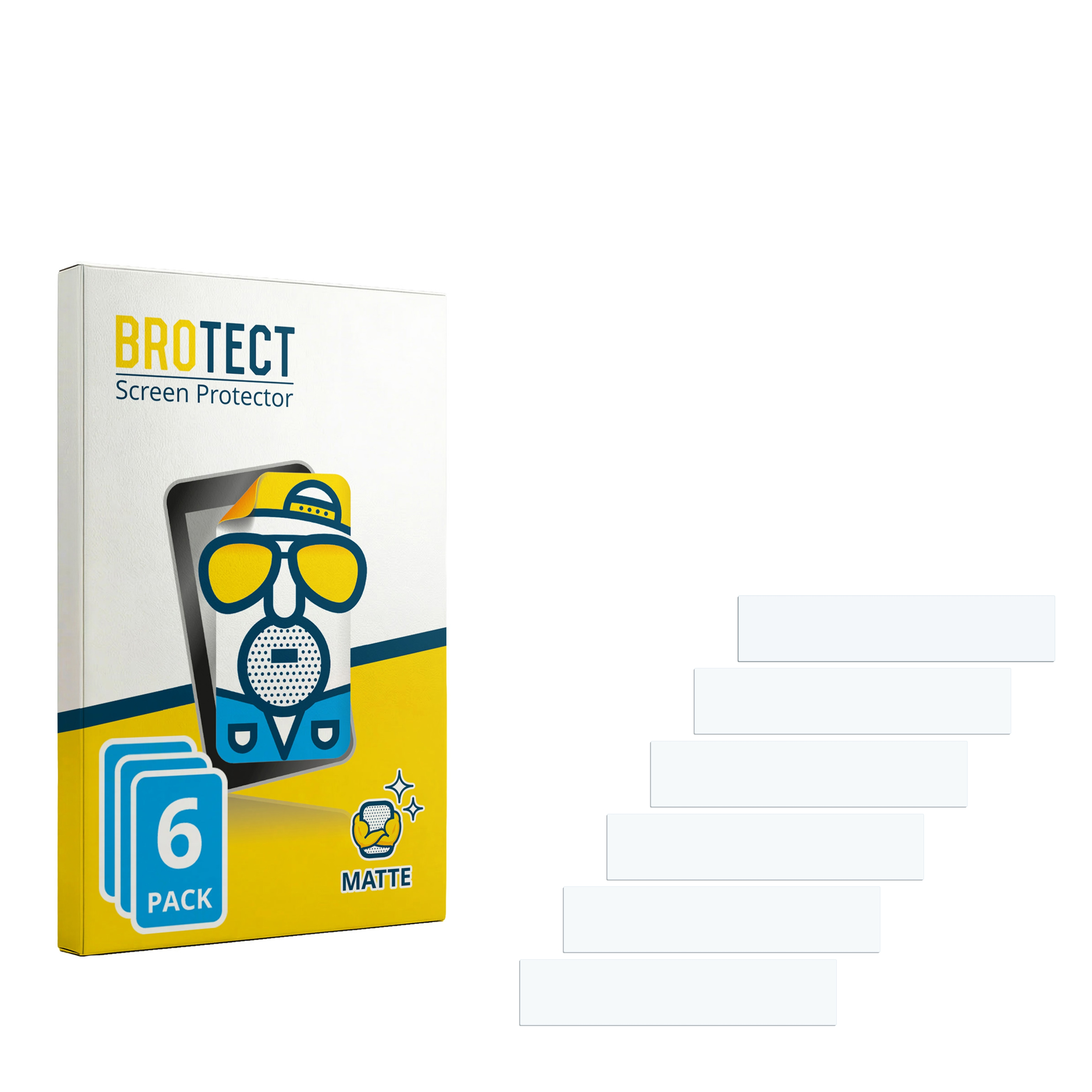 BROTECT Displayschutzfolie 6er-Pack in Verpackung mit sechs einzelnen Schutzstreifen rechts.