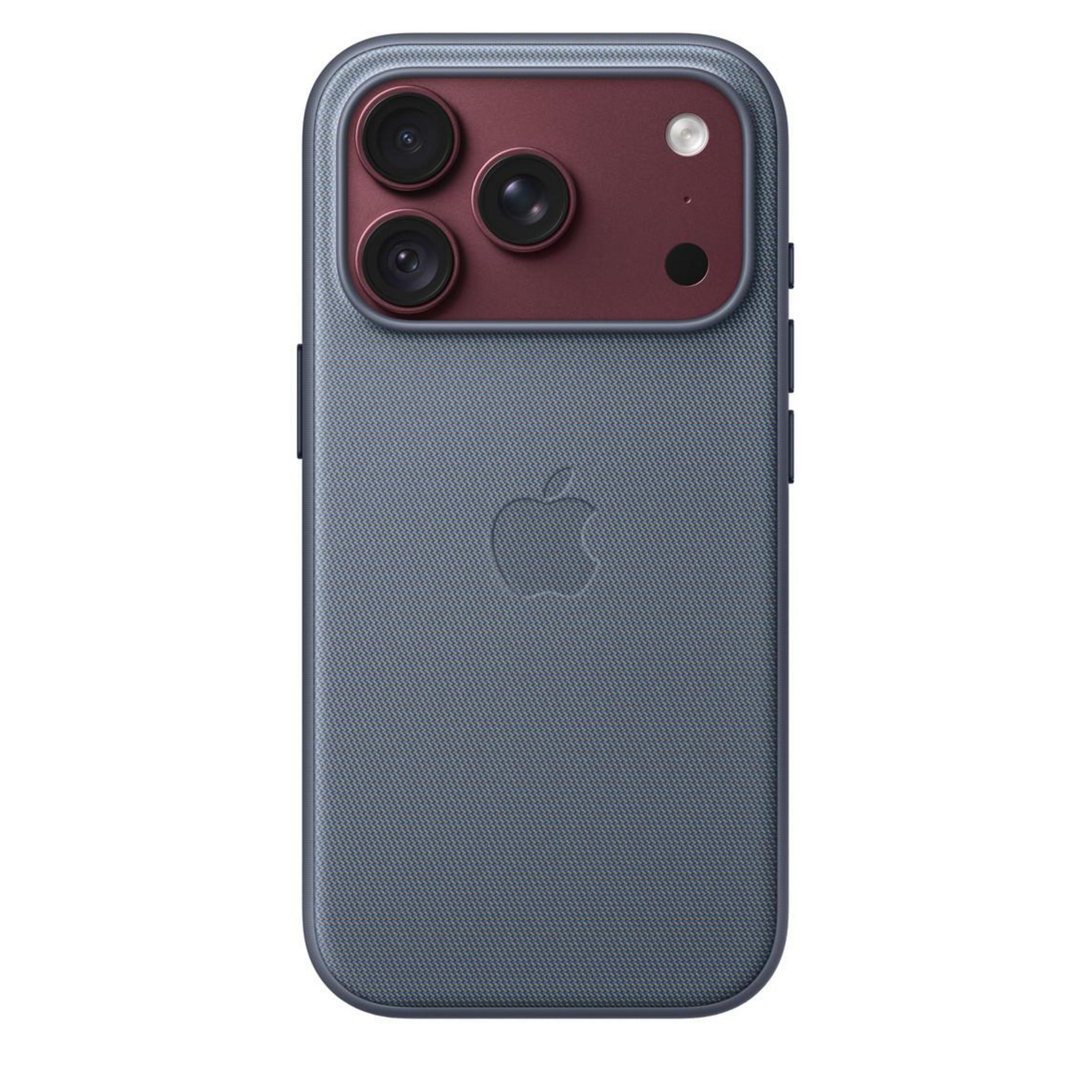 Funda de iPhone azul con un módulo de cámara rojo, tres lentes y el logotipo de Apple.