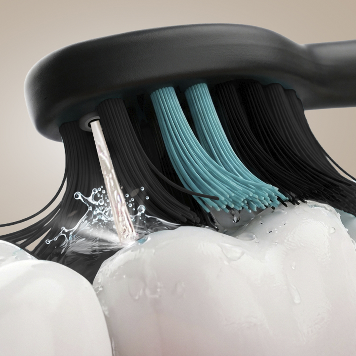 Un cepillo de dientes negro con cerdas azules y negras rocía agua sobre un diente blanco.