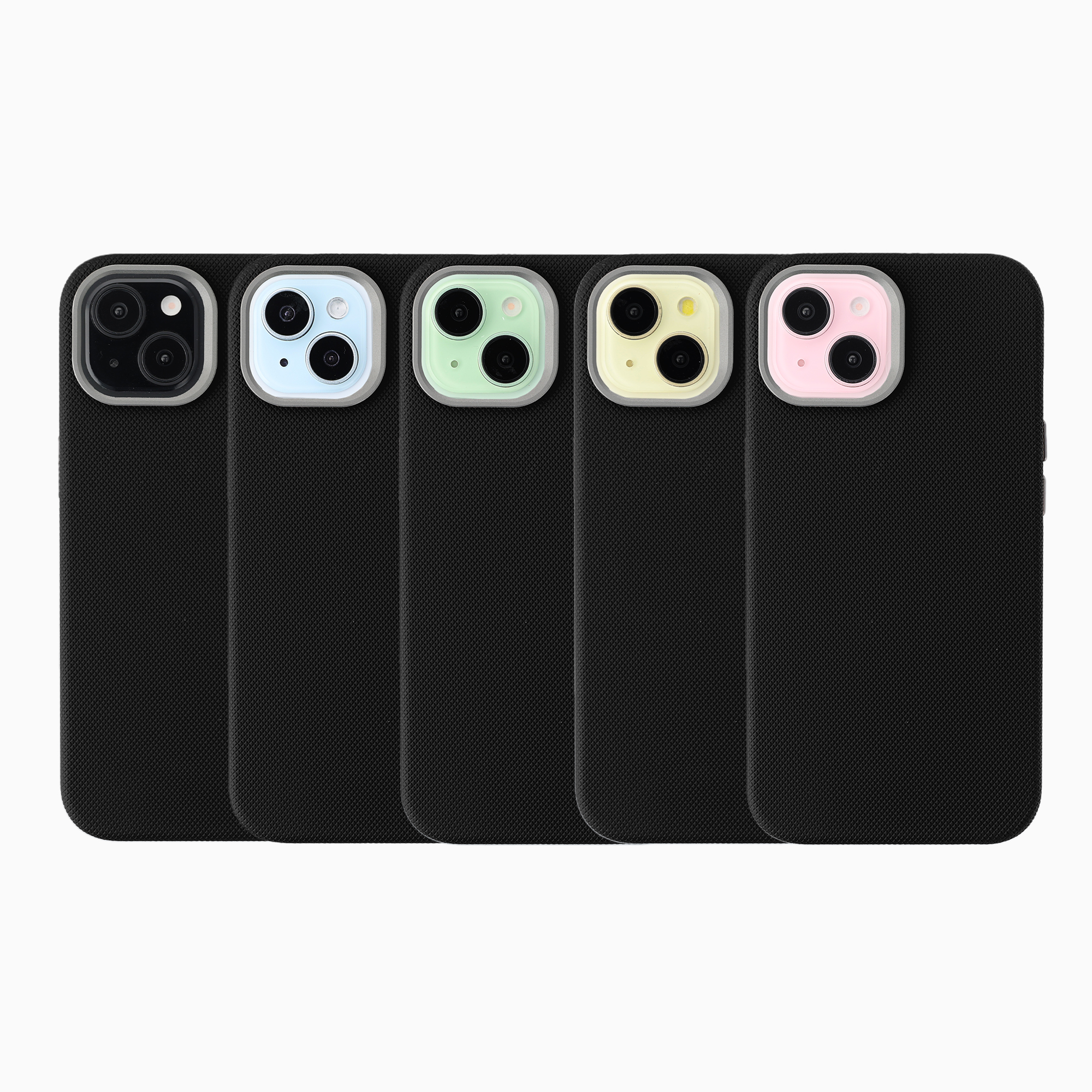 Vijf zwarte telefoonhoesjes met kleurrijke camerandjes in zwart, blauw, groen, geel en roze op een witte achtergrond.