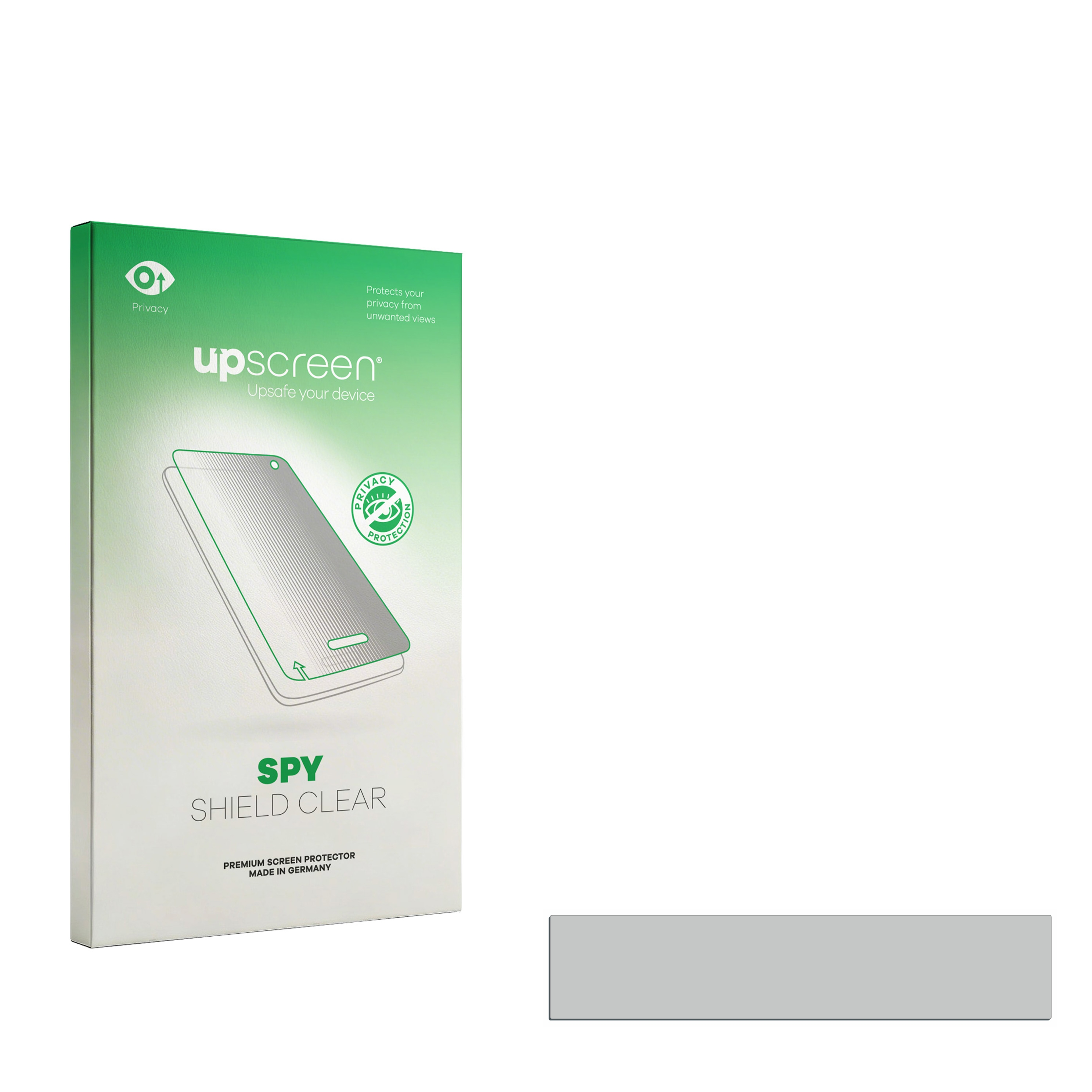 Grüne upScreen Spy Shield Clear Displayfolie Verpackung mit Bild einer Schutzfolie.