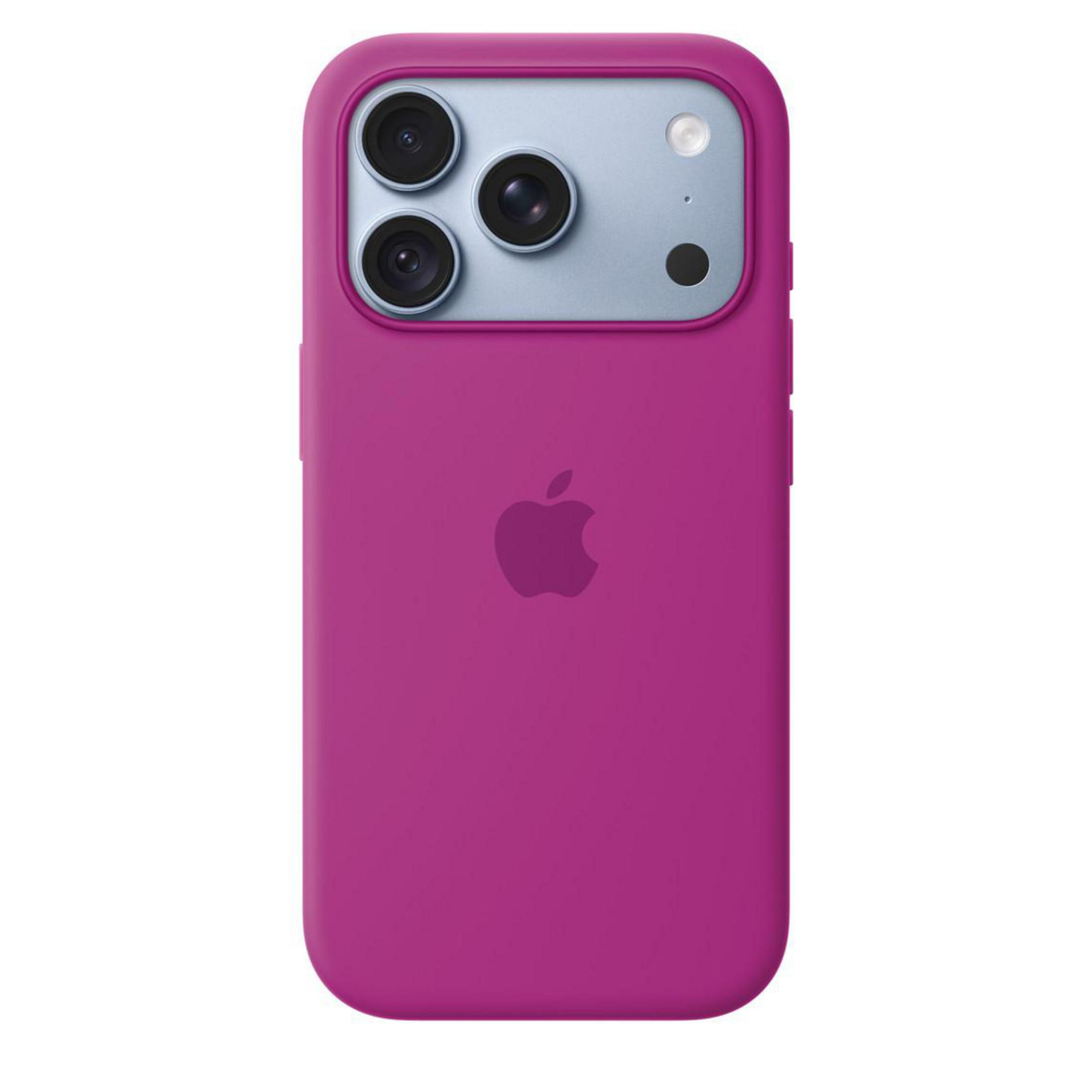 Une coque de smartphone rose avec un module photo argenté et le logo Apple au dos.