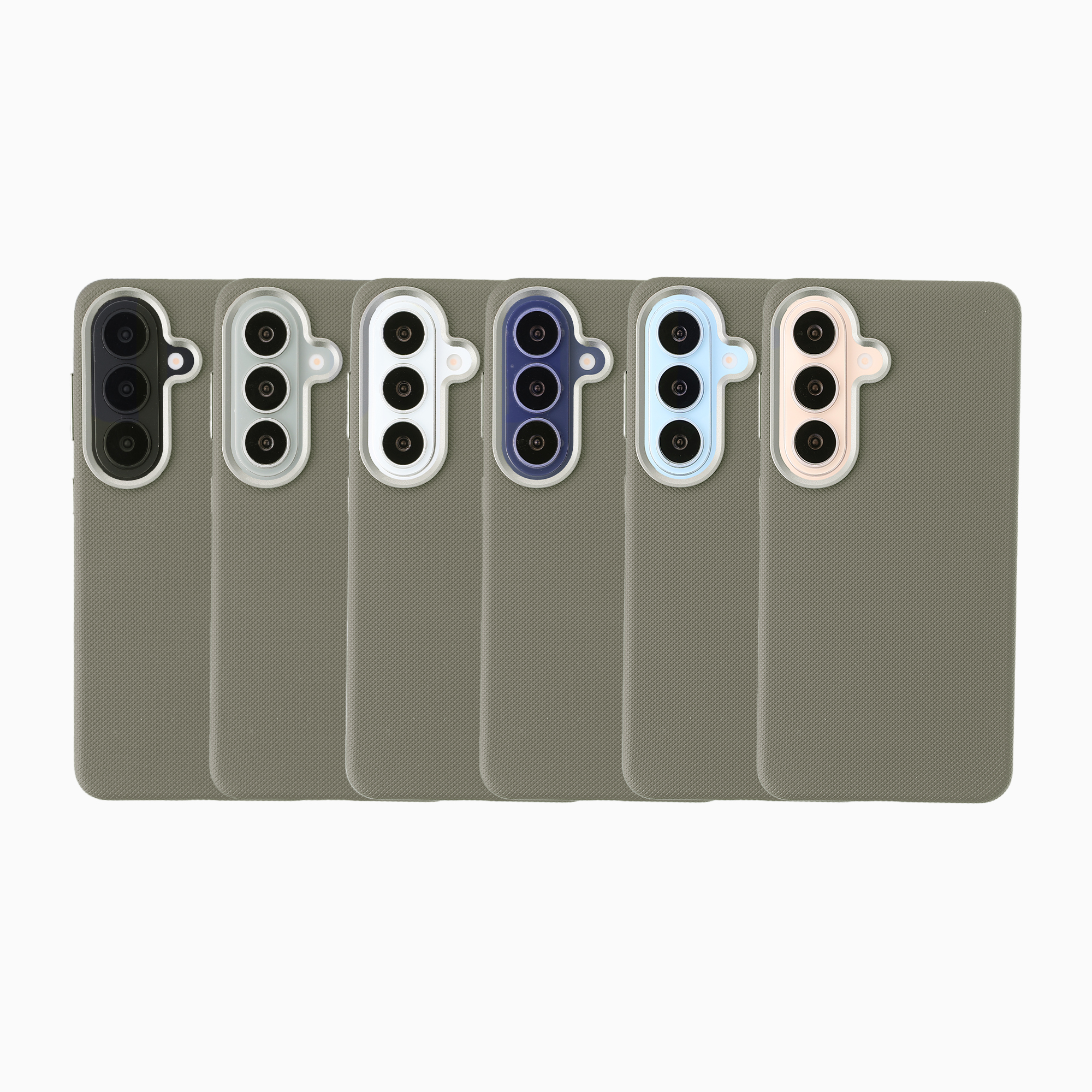 Sei cover per smartphone grigie con retro testurizzato e vari bordi colorati per fotocamera.