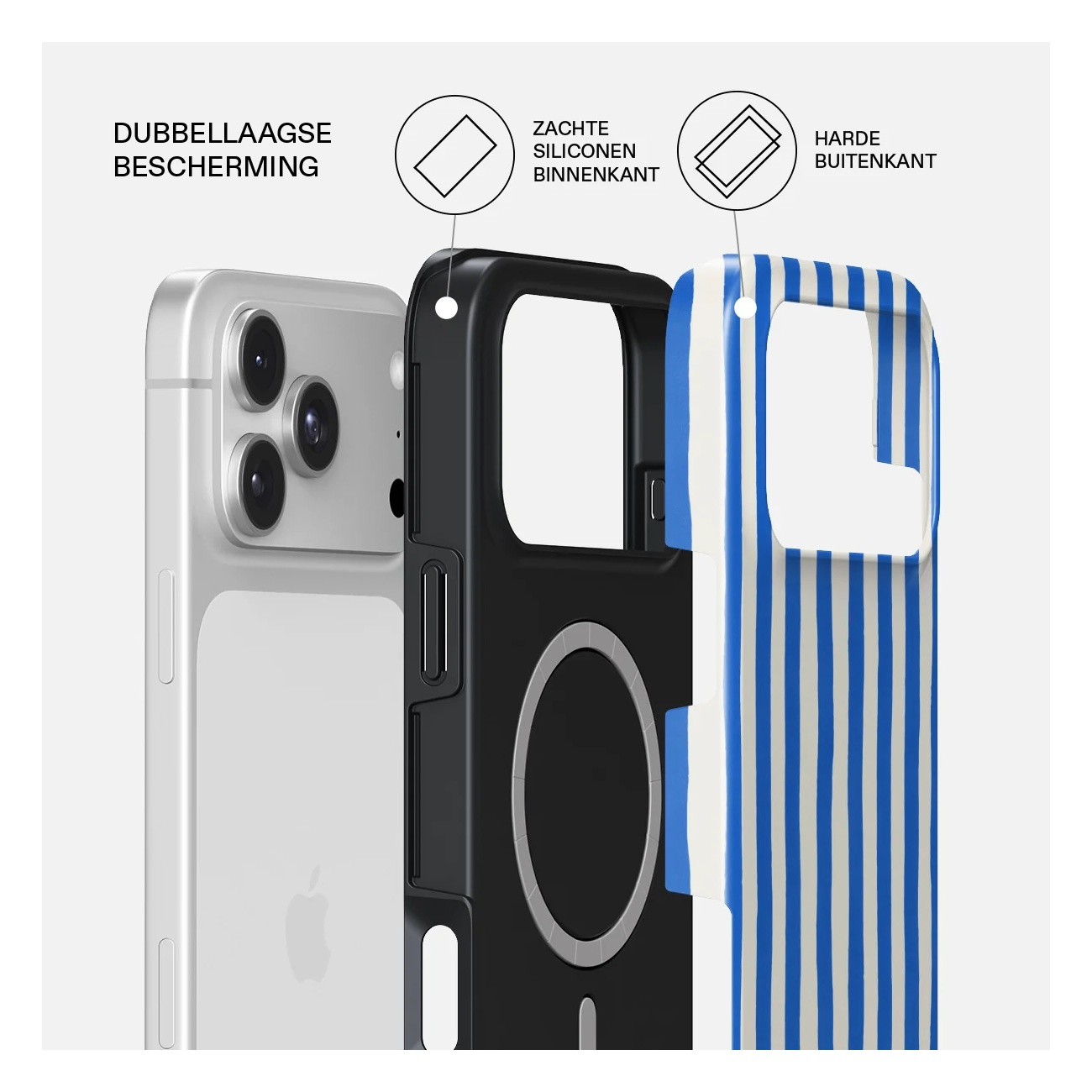 Diagram showing dual-layer phone case with soft silicone inside and hard striped outer shell.