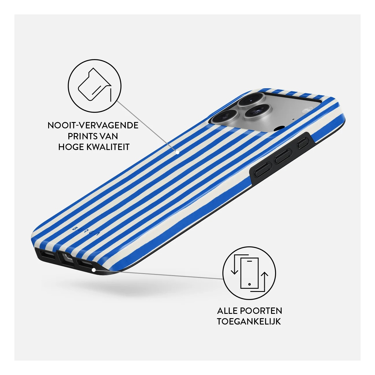 Blue and white striped phone case with detail graphics and text on a white background.