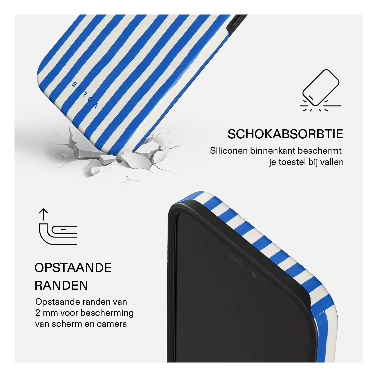 Blue and white striped phone case showcasing shock absorption and raised edges features.