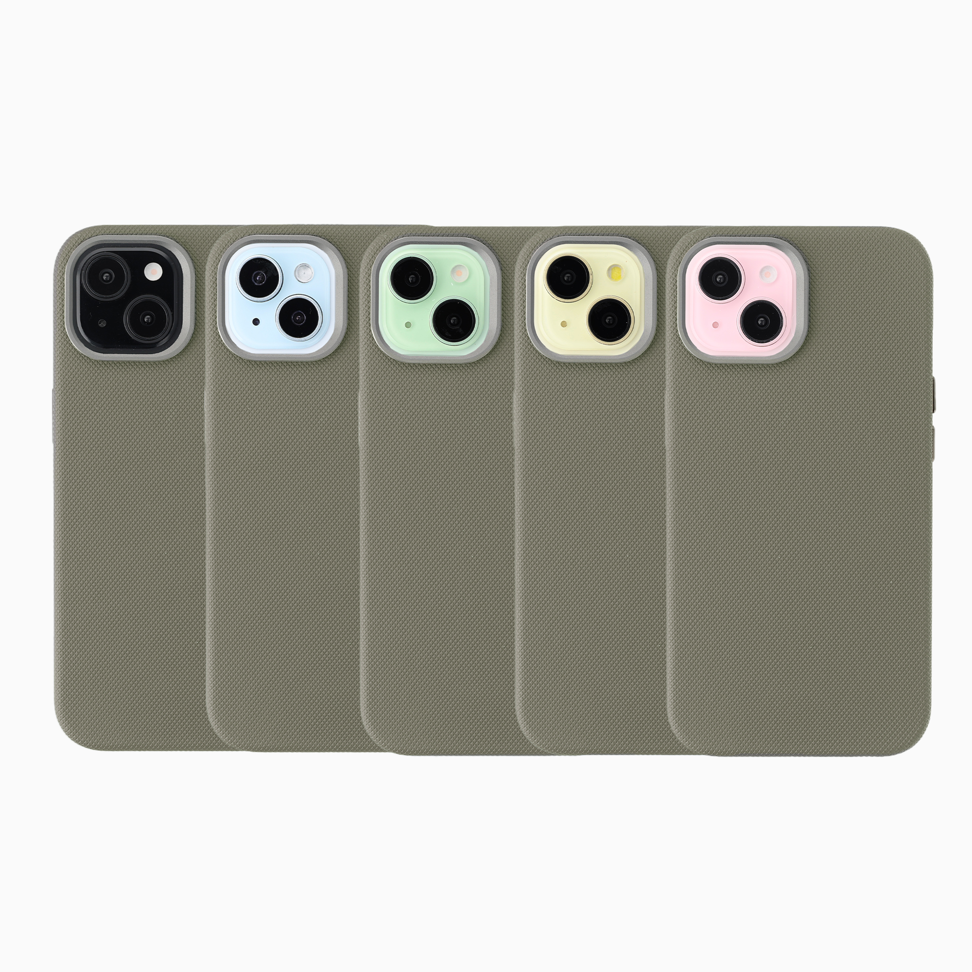 Vijf groene telefoonhoesjes met verschillende kleurrijke camerakaders in zwart, blauw, lichtgroen, geel en roze.
