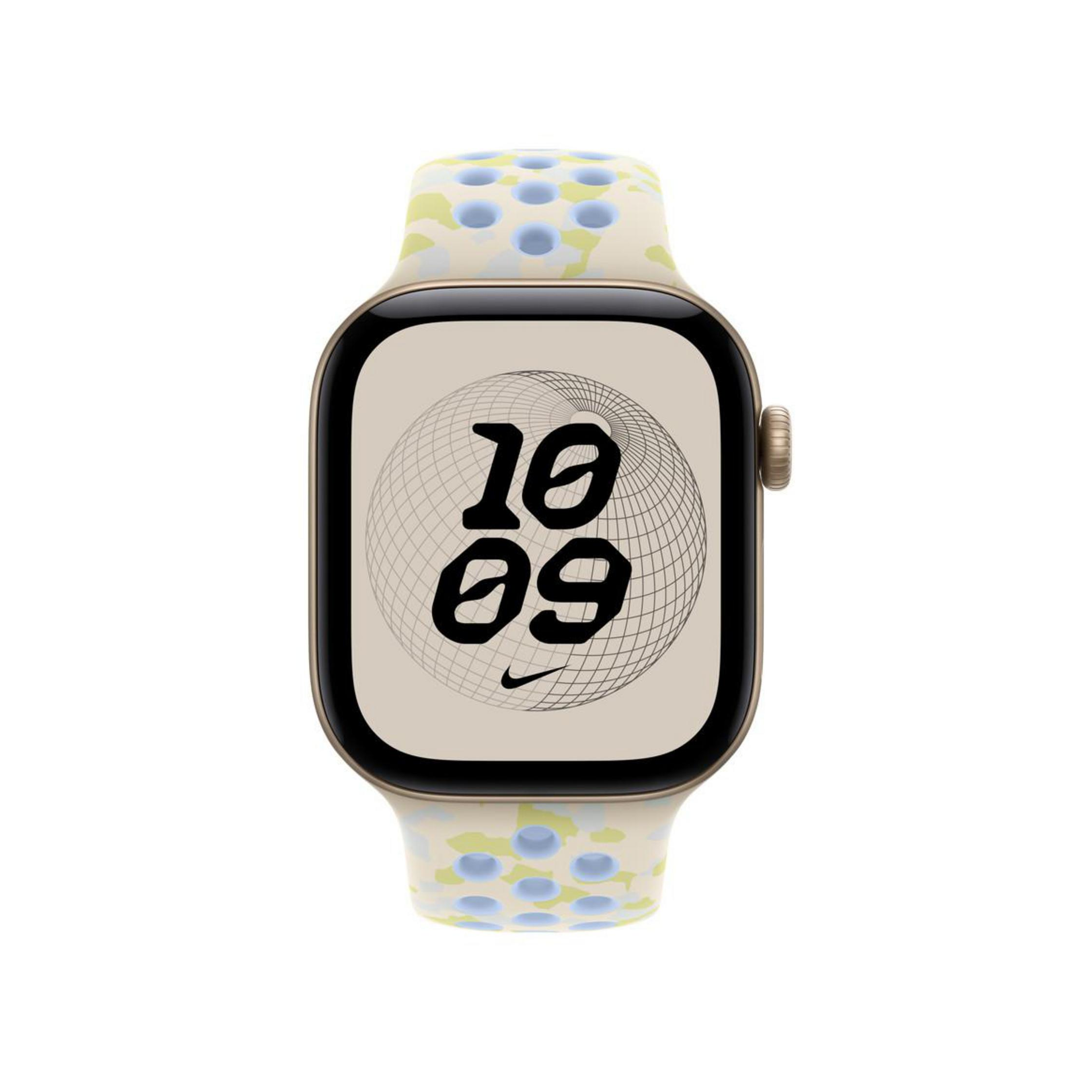 Goldene Smartwatch mit gemustertem Armband und Digitalanzeige 10:09 vor weißem Hintergrund.
