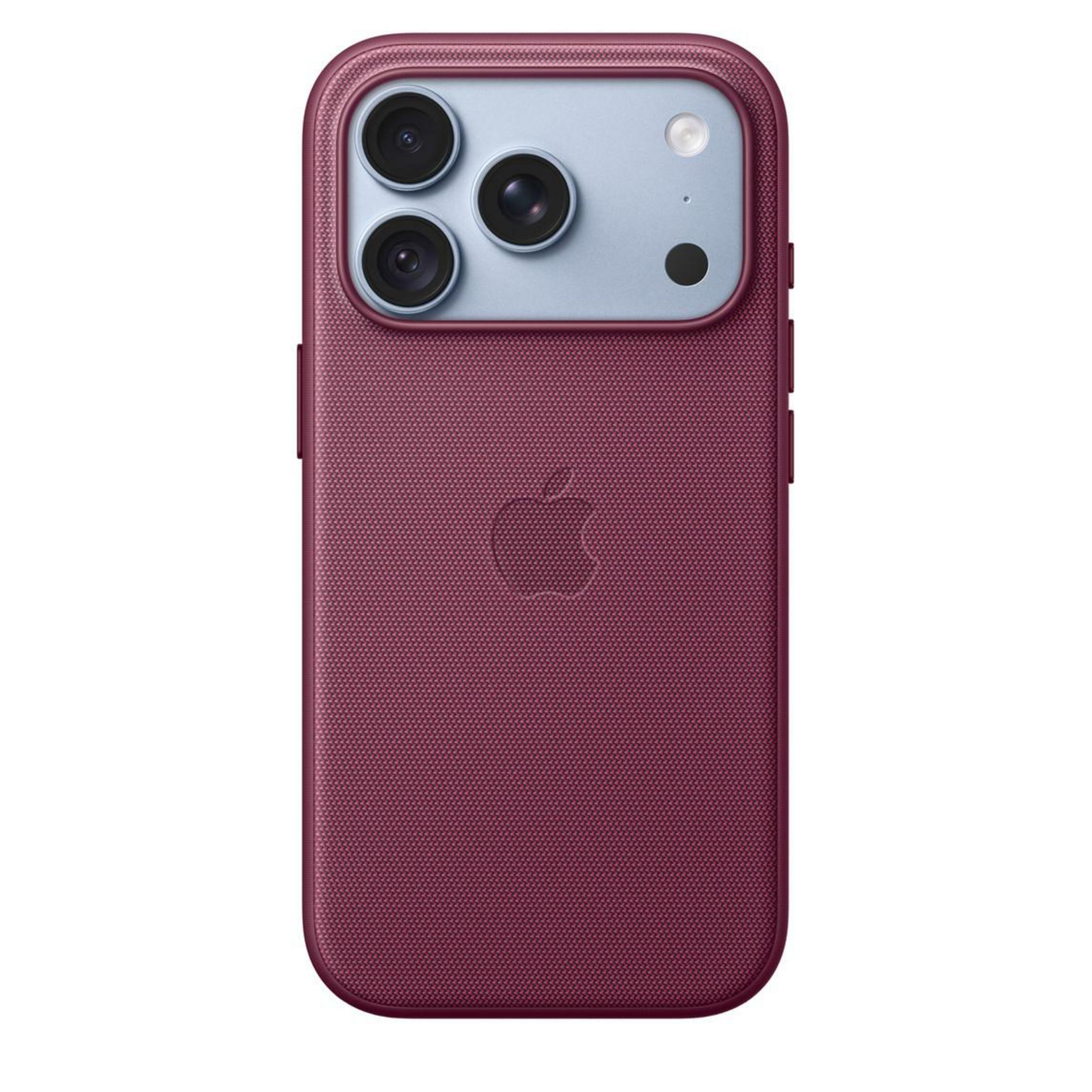 Retro di uno smartphone testurizzato rosso scuro con logo Apple e tripla fotocamera in blu chiaro.