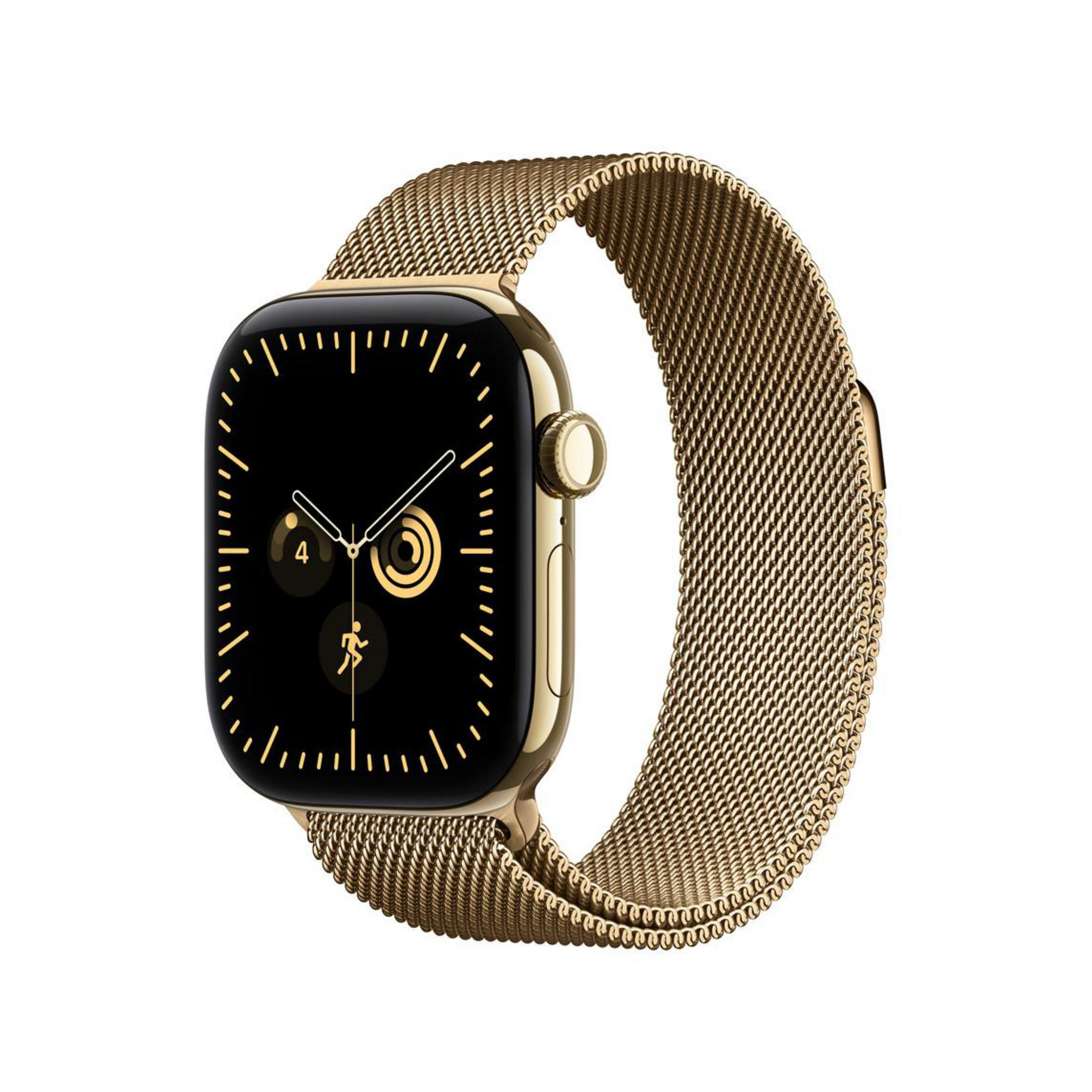 Goldene Smartwatch mit Milanaise-Armband und schwarzem Zifferblatt.
