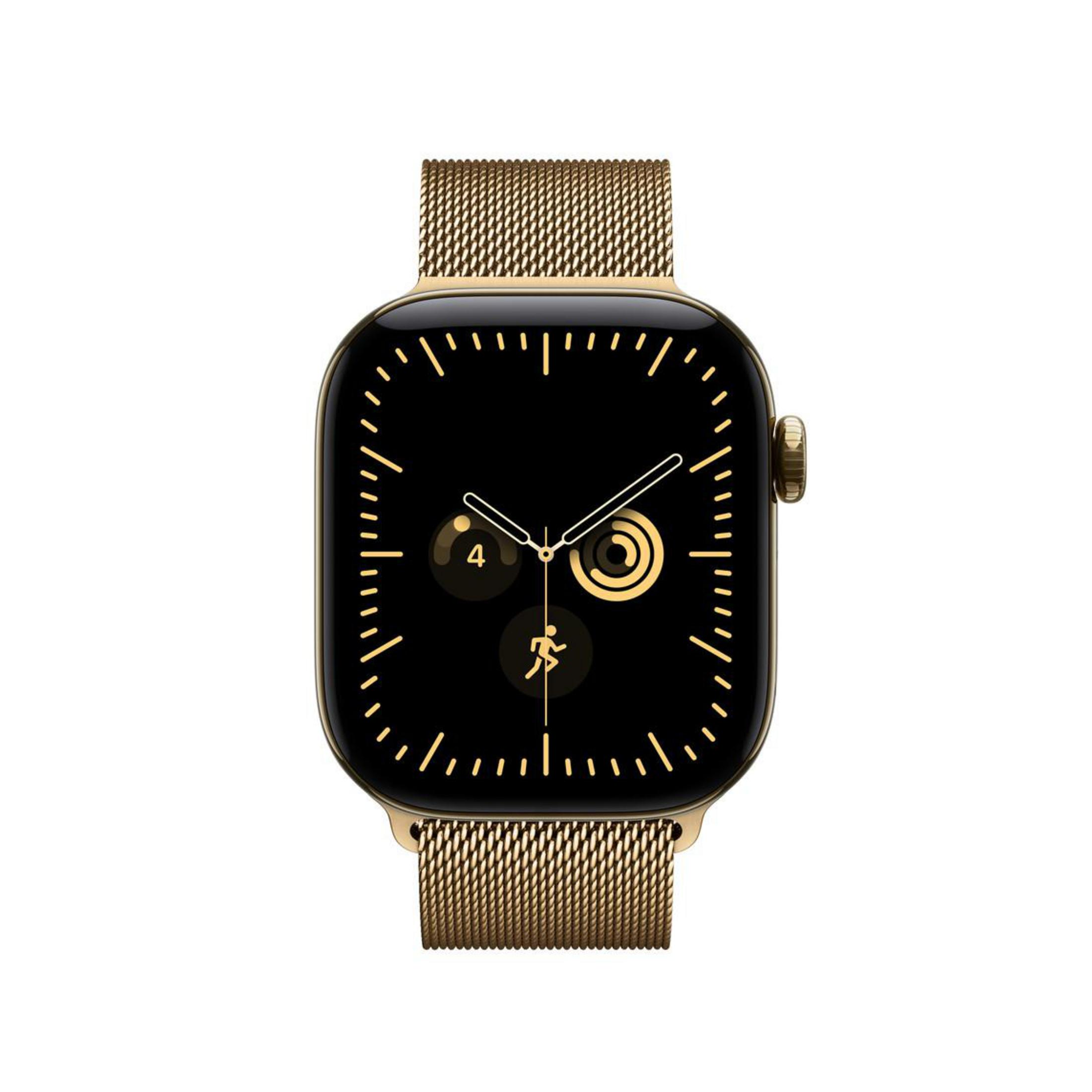 Goldene Smartwatch mit schwarzem Zifferblatt und goldenem Milanaise-Armband auf weißem Hintergrund.