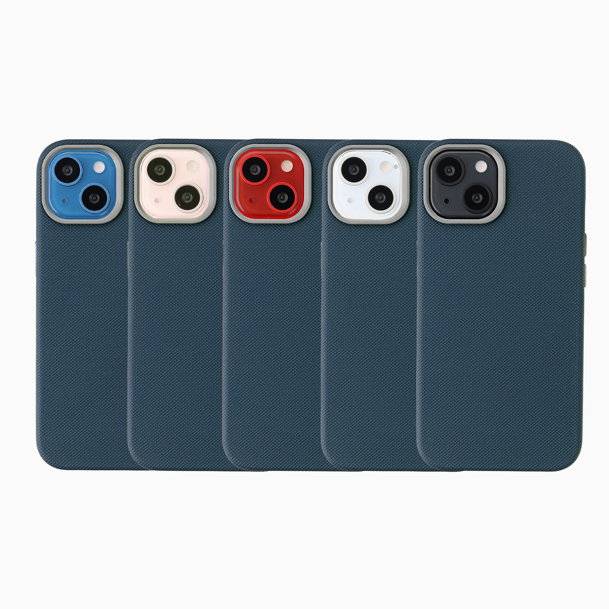 Cinque custodie per telefono blu testurizzate con moduli fotocamera di diversi colori.