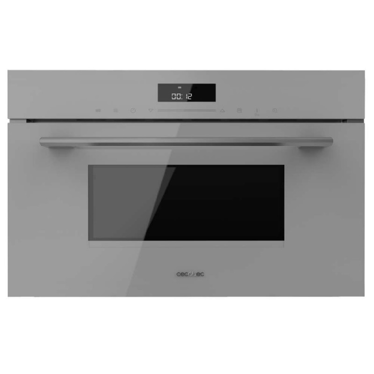 Moderno microonde da incasso grigio con display digitale e maniglia in acciaio inossidabile.