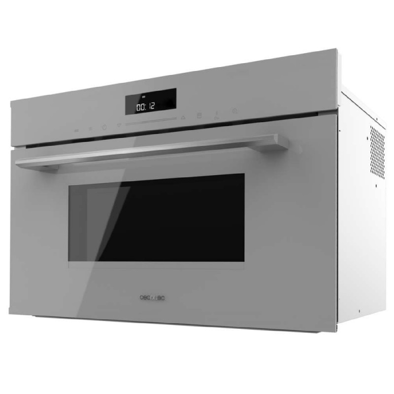 Un moderno forno a microonde da incasso grigio con display digitale 00:12 e grande maniglia orizzontale.
