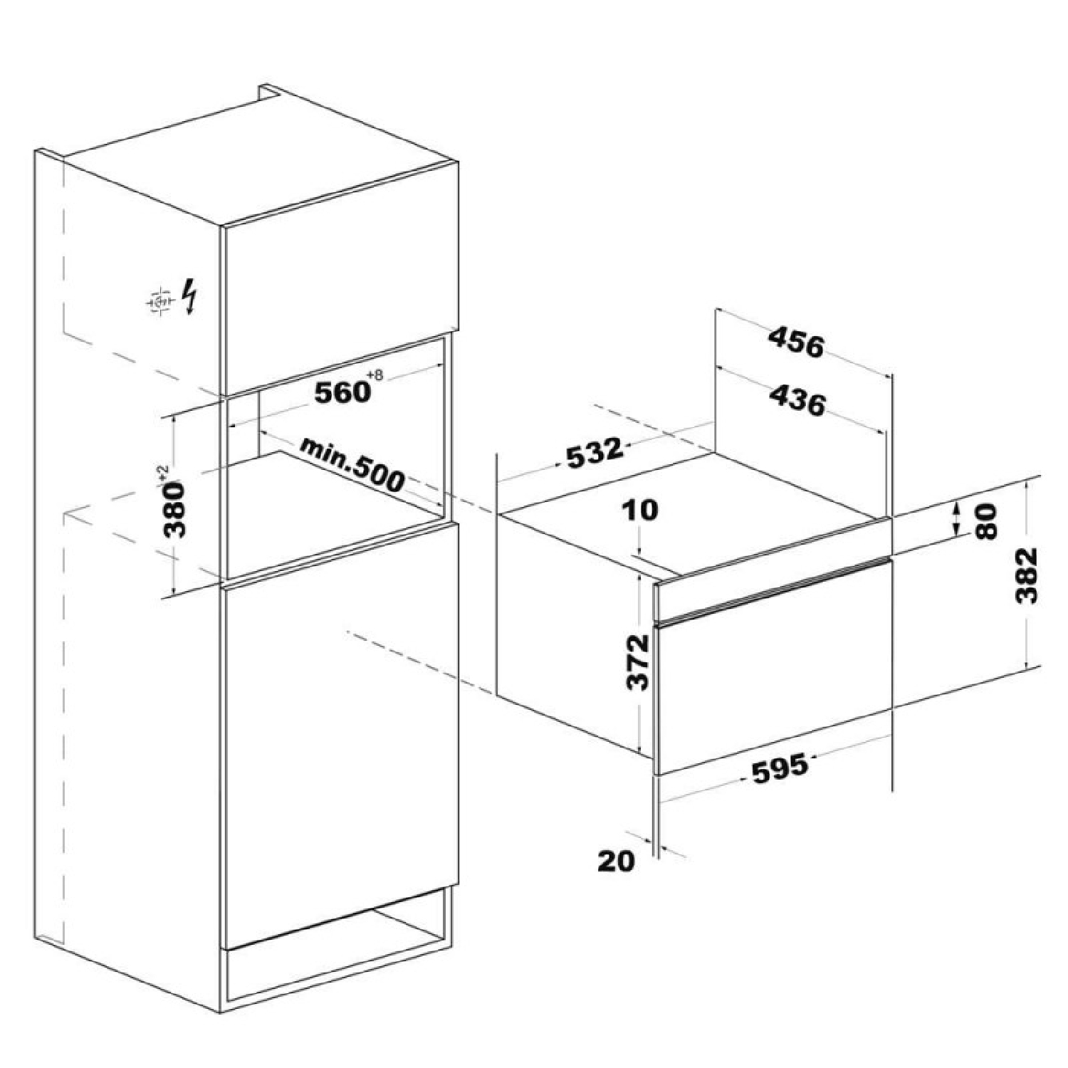 Disegno tecnico con quote di installazione per un mobile da cucina e un apparecchio elettrico.