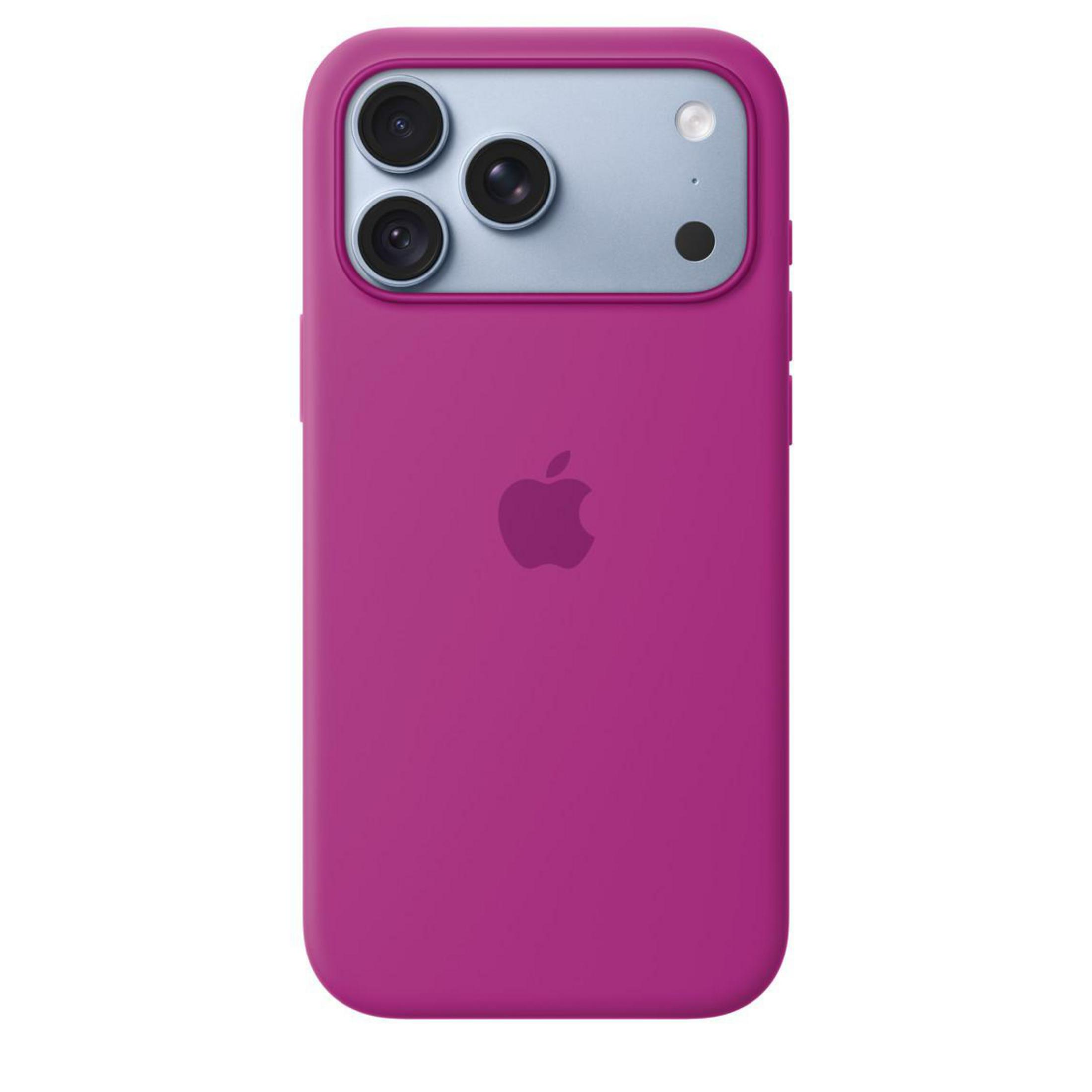 Rückseite eines rosafarbenen Smartphones mit Dreifachkamera und Apple-Logo.