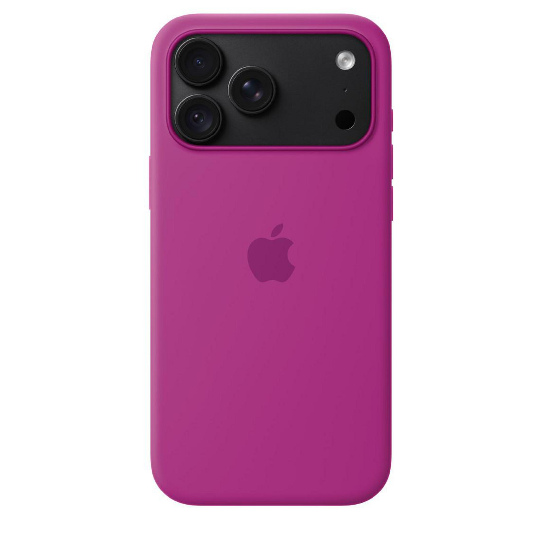 Rückseite eines pinken Smartphones in einer Hülle mit drei Kameras und Apple-Logo.