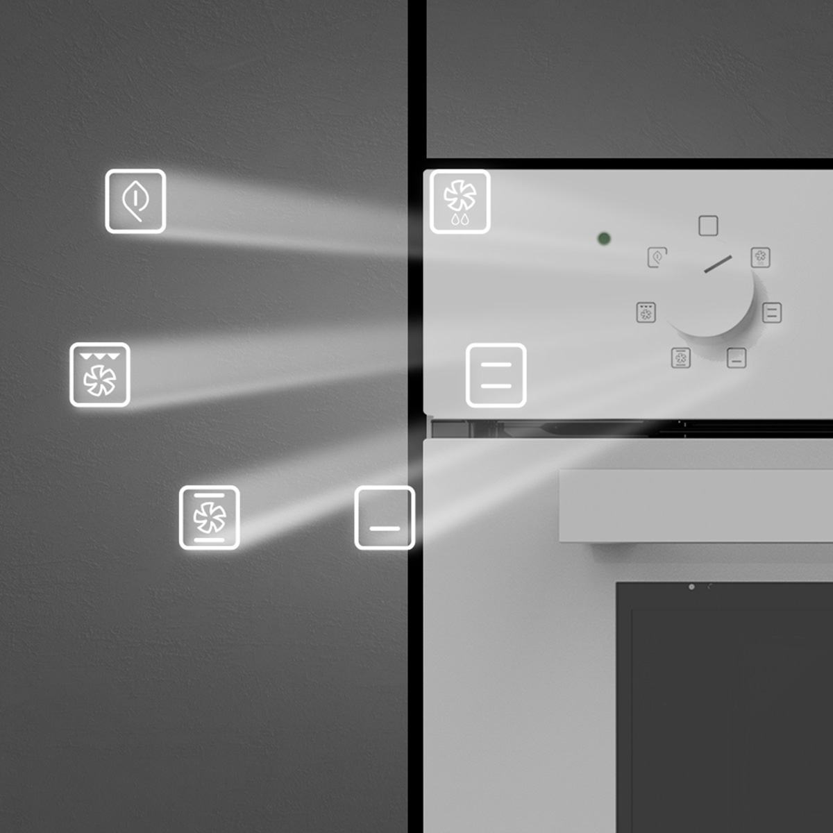 Primer plano de un horno blanco con iconos brillantes que muestran varios modos de cocción.