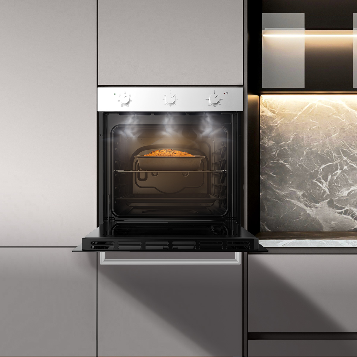 Moderno horno en cocina gris con pan en molde dentro, vapor subiendo.