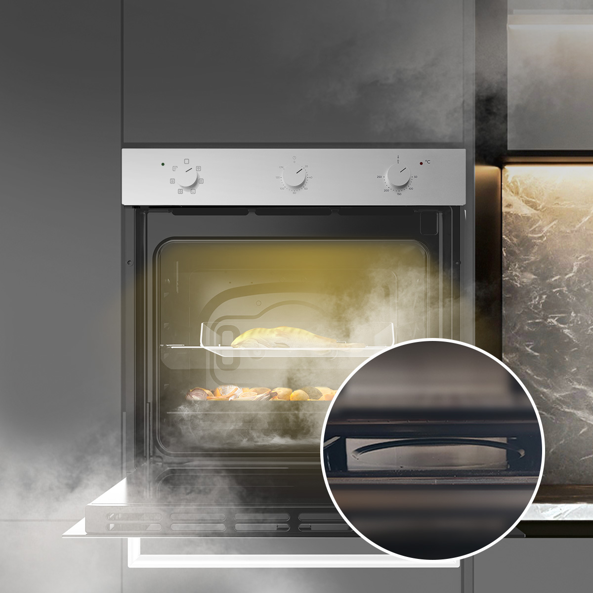Un horno empotrado con comida cocinándose y vapor, con un círculo detallado que muestra el depósito de agua.
