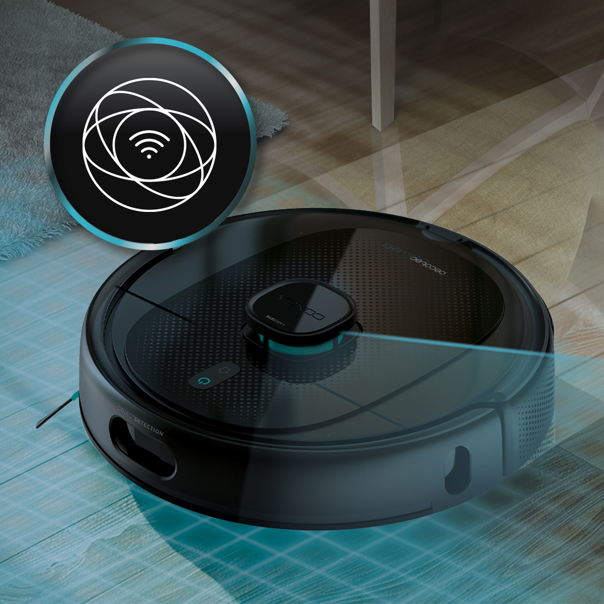 Un robot aspirador negro en suelo de madera con símbolo de Wi-Fi brillante y cuadrícula de escaneo.