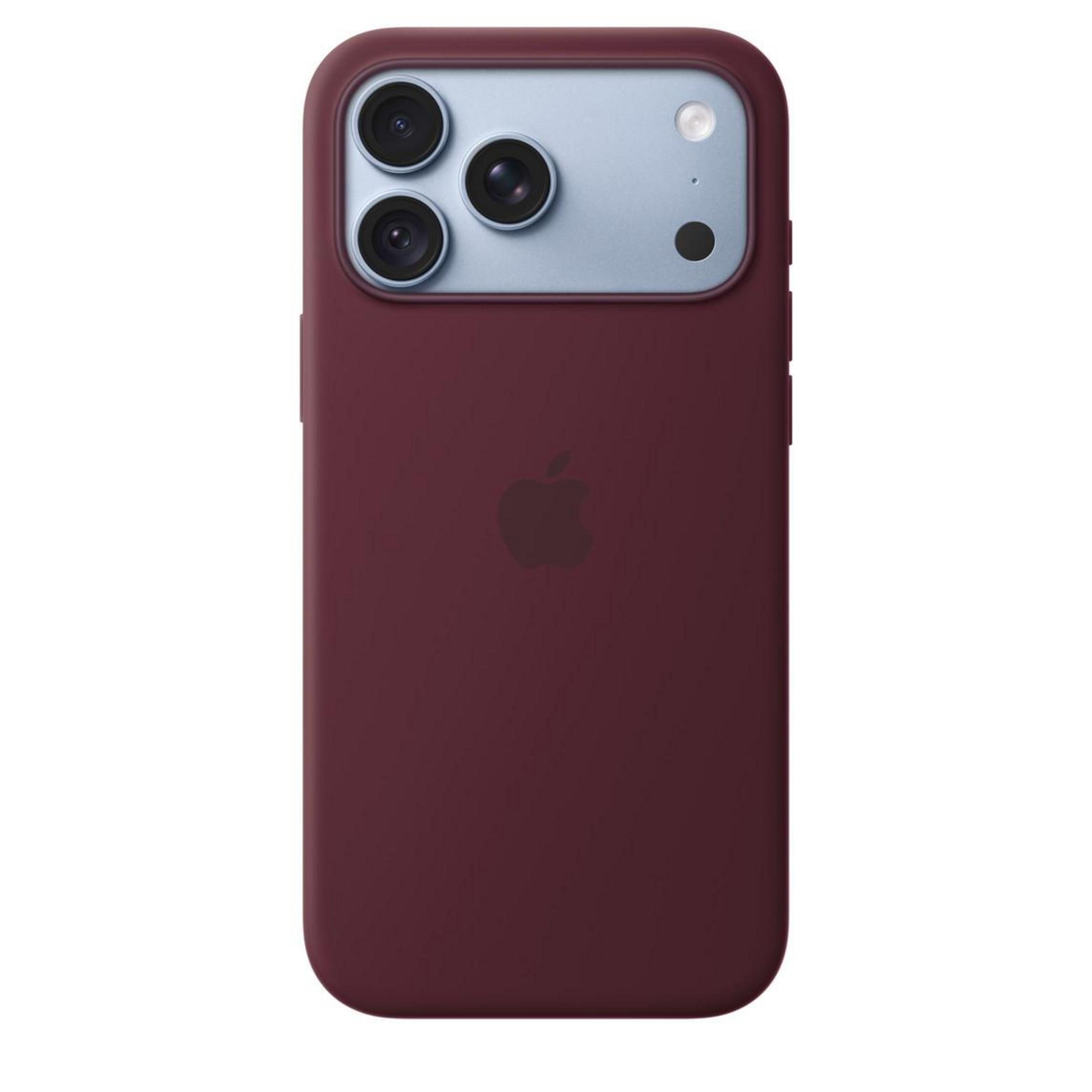 Donkerrode telefoonhoesje met drie camera's op een lichtblauwe plaat en Apple-logo.
