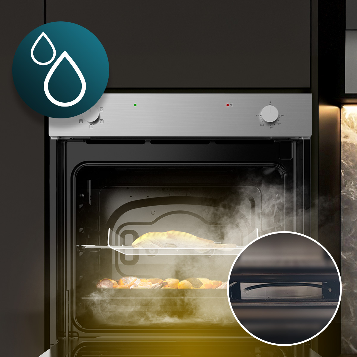Horno de vapor cocinando pescado y verduras en rejillas, con icono de gota.