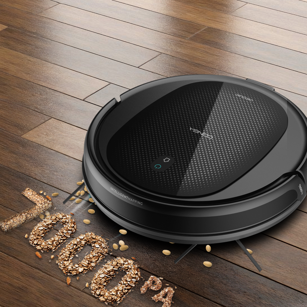 Un robot aspirapolvere nero su pavimento in legno, vicino all'avena che forma "7000Pa".