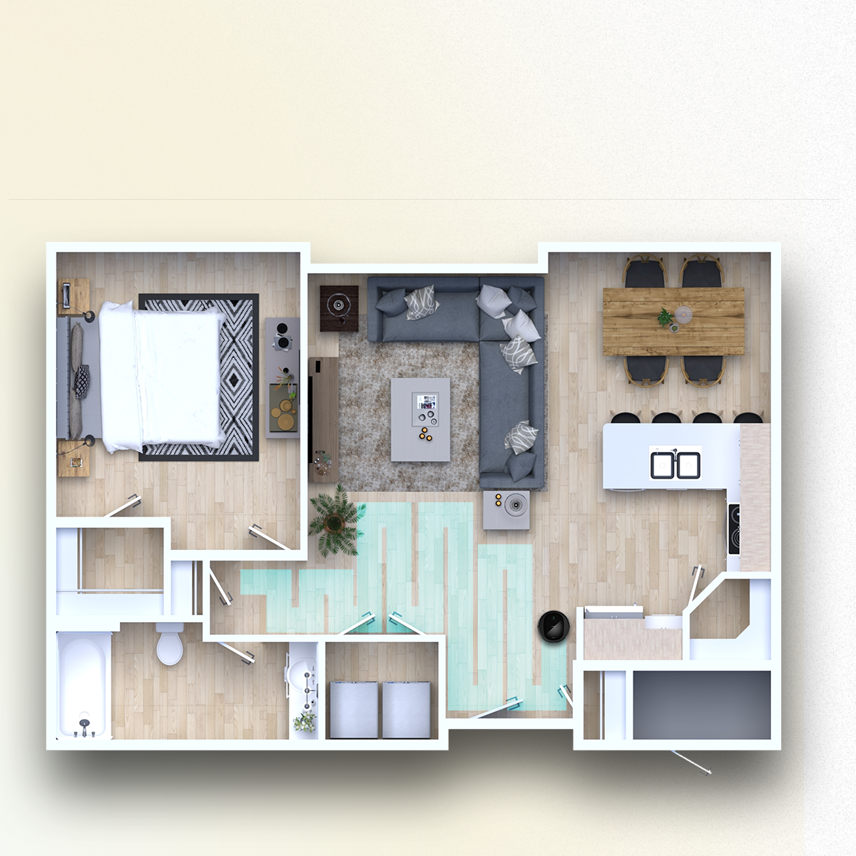 Vista dall'alto della pianta di un appartamento con camera, soggiorno, cucina, zona pranzo, bagno e robot.